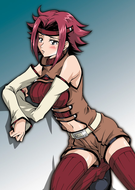 asa-mitz, kouzuki kallen, code geass, 00s, 1girl, blush, female focus, red hair, short hair, solo, thighhighs