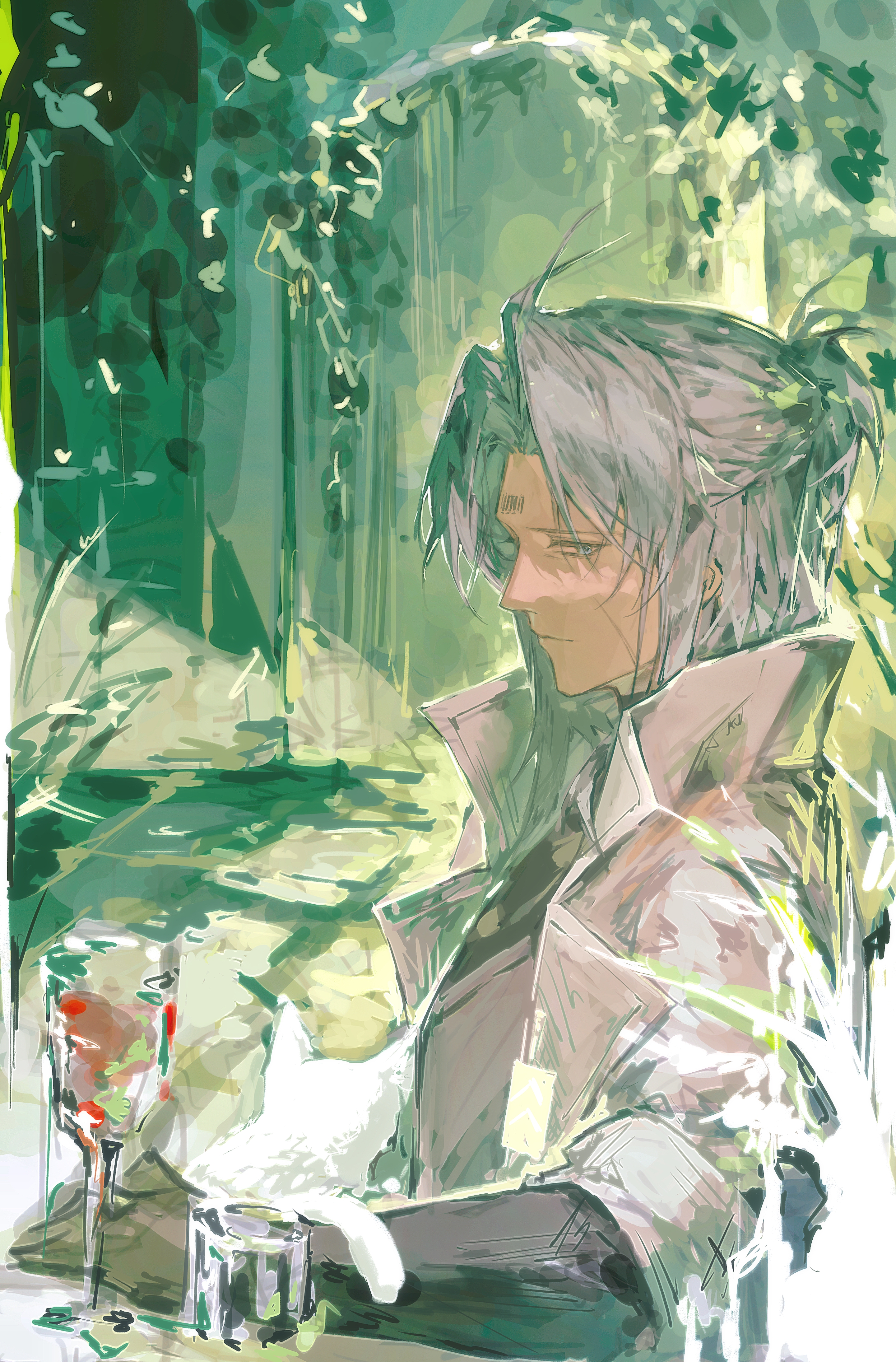 zhouliang48183, watanabe: nightblade (pgr), watanabe (pgr), punishing: gray raven, absurdres, highres, 1boy, barcode, barcode tattoo, blue eyes, branch, cat, coat, cup, curtained hair, drinking glass, forehead, forehead tattoo, from side, grey coat, grey vest, half updo, high collar, leaf, long hair, looking at viewer, looking to the side, male focus, open clothes, open coat, scar, scar on face, solo, tattoo, tree, upper body, vest, white cat, wine glass