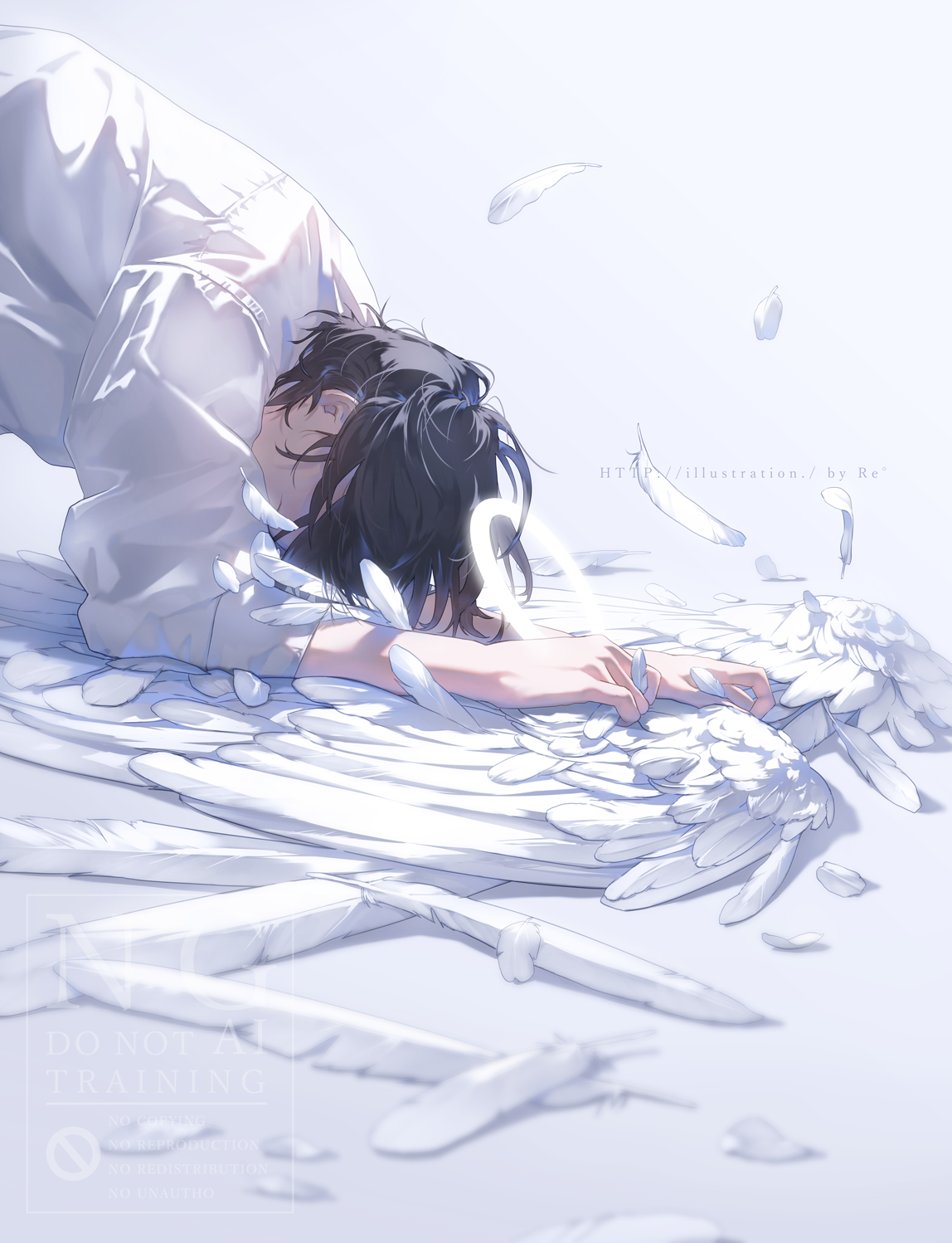 rido (ridograph), original, highres, 1boy, black hair, feathered wings, glowing, glowing halo, halo, male focus, shirt, short hair, solo, watermark, white halo, white shirt, white wings, wings