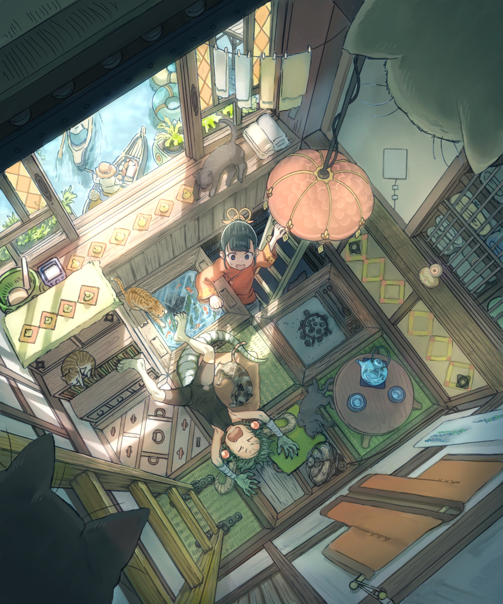 original, commentary request, highres, 2girls, animal, barefoot, black bodysuit, black hair, bodysuit, cat, center-flap bangs, closed eyes, day, electric fan, grey hair, hanging light, holding, holding unworn clothes, indoors, ladder, long sleeves, lying, monster girl, multiple girls, on back, on floor, on ladder, open mouth, pet, raised inner eyebrows, red shirt, shirt, short hair, sleeveless, sleeveless bodysuit, slice of life, standing, summer, sweat, table, tail, tatami, teapot, user tswx7328, window shadow