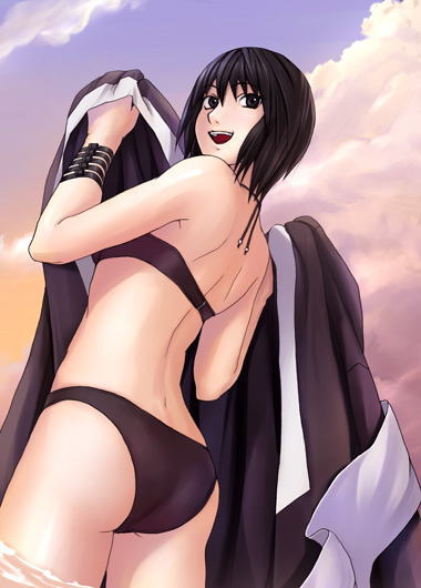 tk (tk's level4), shizune (naruto), naruto, jpeg artifacts, ass, back, bikini, black hair, cloud, from below, looking back, open mouth, short hair, sky, smile, solo, swimsuit, water