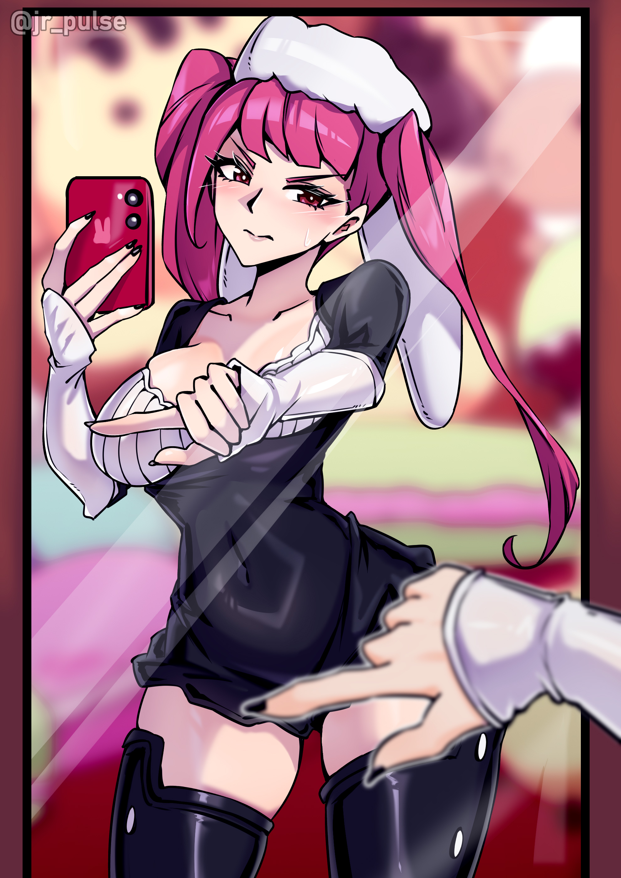 jrpulse, dokugamine riruka, bleach, highres, 1girl, artist name, black thighhighs, breasts, closed mouth, collarbone, dress, female focus, holding, holding phone, indoors, large breasts, long hair, mirror, mirror selfie, phone, purple eyes, purple hair, selfie, thighhighs, thighs, twintails