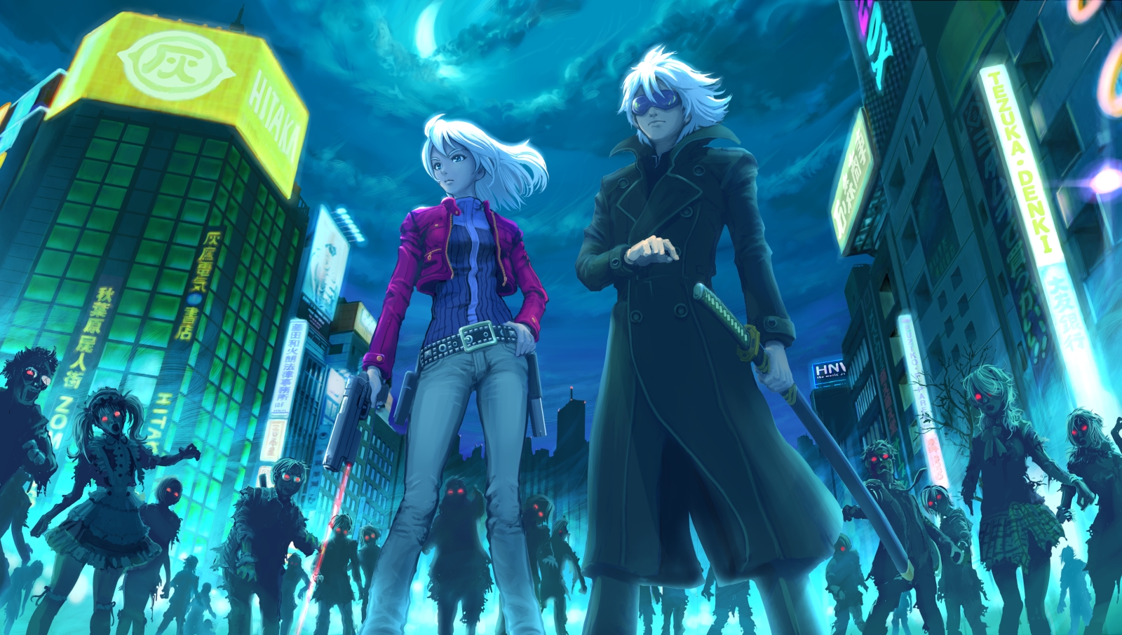 haitaka, original, highres, md5 mismatch, resolution mismatch, source smaller, 2girls, belt, building, business suit, city, cloud, coat, crowd, denim, formal clothes, gloves, glowing, gothic lolita, gun, jeans, katana, lolita fashion, maid, moon, multiple girls, neon lights, night, pants, red eyes, school uniform, short hair, sky, suit, sunglasses, sword, tokyo city, torn clothes, trench coat, weapon, white hair, zombie