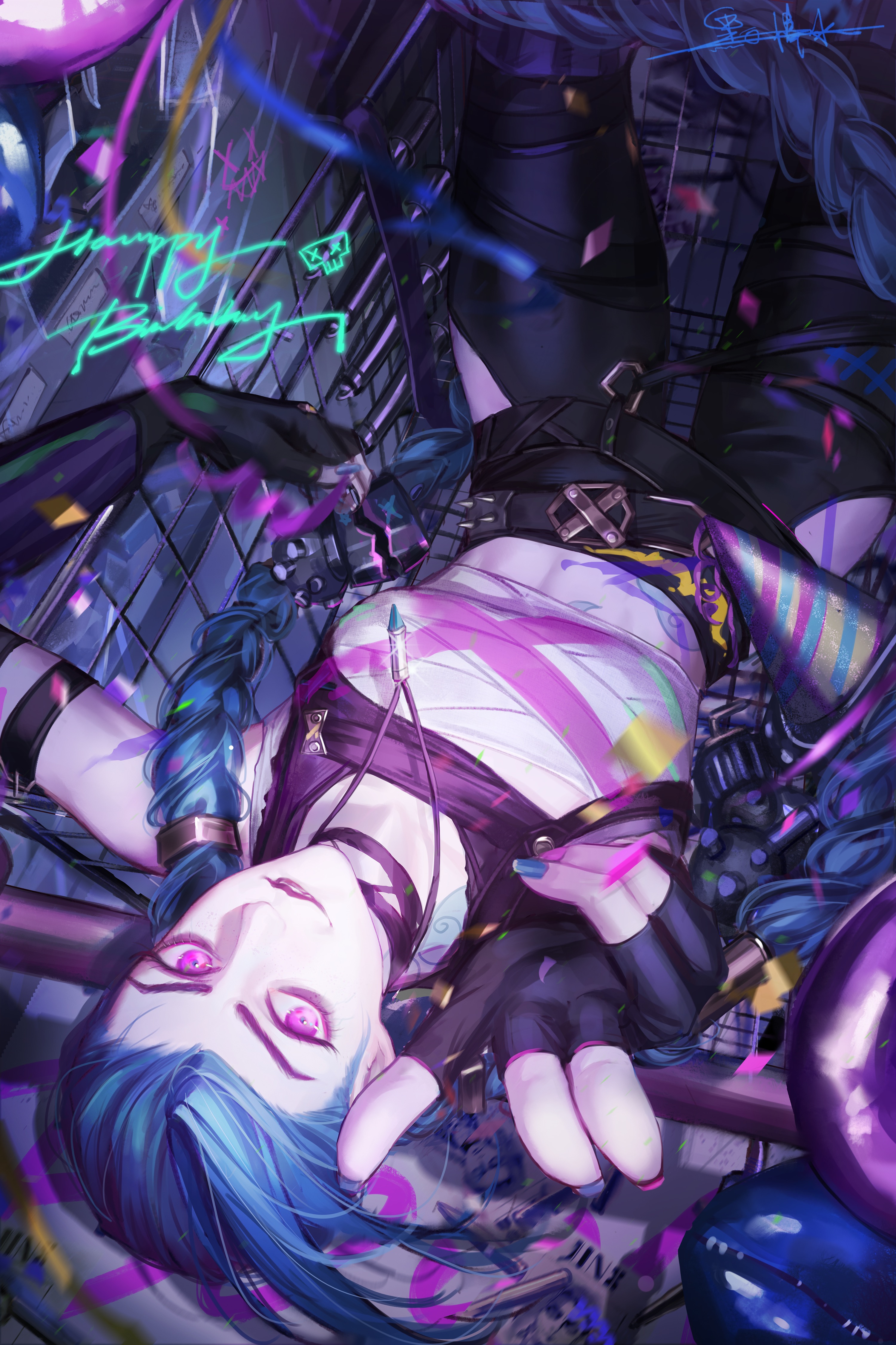 heibai bangbing, arcane jinx, jinx (league of legends), arcane: league of legends, league of legends, braided twintails, absurdres, commentary, highres, symbol-only commentary, 1girl, aiming, aiming at viewer, balloon, belt, biting own lip, black gloves, black pants, blue hair, blue nails, braid, breasts, bullet, bullet necklace, chest sarashi, clothing cutout, cloud tattoo, collarbone, confetti, explosive, feet out of frame, finger gun, fingerless gloves, forehead, from above, gloves, graffiti, grenade, hair over shoulder, happy birthday, hat, holding, holding grenade, in shopping cart, linea alba, long hair, looking at viewer, looking up, midriff, multiple belts, nail polish, pants, party hat, pink eyes, pink nails, sarashi, shop, shopping cart, shoulder tattoo, signature, small breasts, smile, solo, stomach tattoo, tattoo, thigh cutout, twin braids, twintails, upside-down, very long hair, wanted poster