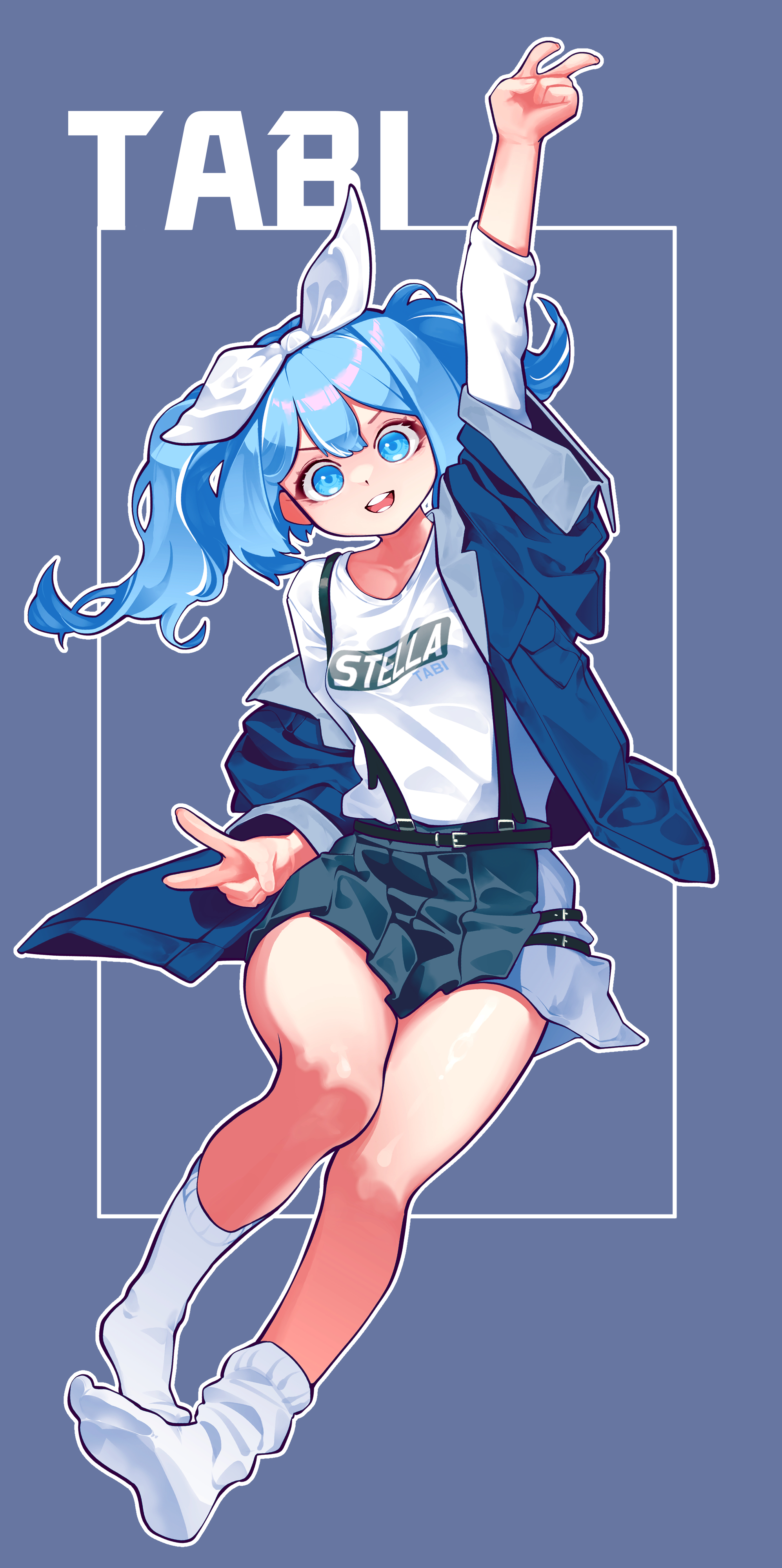 arahashi tabi, stellive, absurdres, commentary, highres, 1girl, arm up, blue coat, blue eyes, blue hair, bow, character name, coat, double-parted bangs, double v, eyebrows hidden by hair, floating hair, full body, grey background, grey skirt, hair bow, long hair, long sleeves, nariabunz, no shoes, open clothes, open coat, open mouth, outline, pleated skirt, shirt, simple background, skirt, smile, socks, solo, suspender skirt, suspenders, t-shirt, v, v-shaped eyebrows, virtual youtuber, white bow, white outline, white shirt, white socks