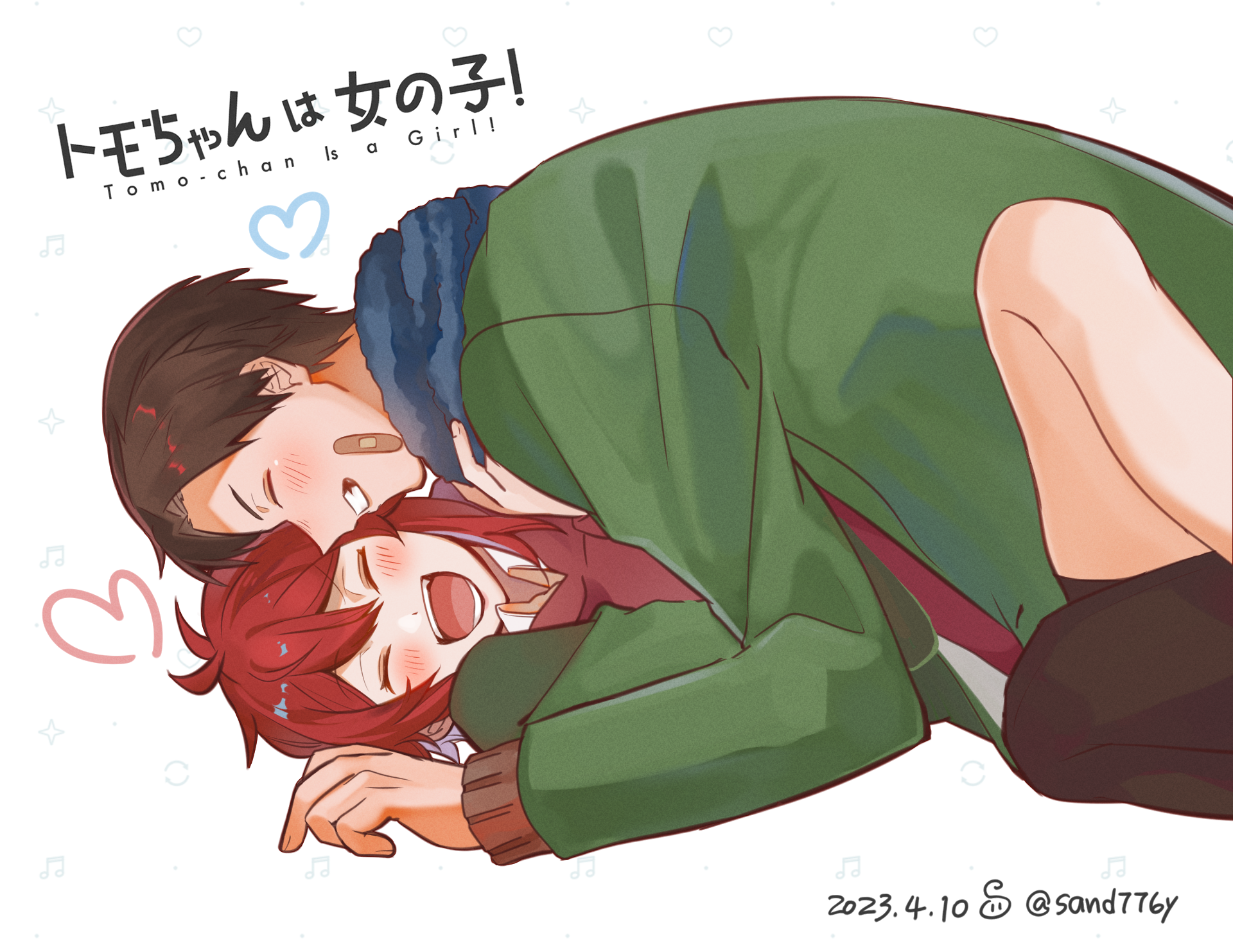 juan mao, aizawa tomo, kubota junichirou, tomo-chan wa onna no ko, highres, 1boy, 1girl, :d, bandaid, bandaid on cheek, bandaid on face, blush, brown hair, closed eyes, copyright name, dated, green jacket, grin, heart, hetero, jacket, laughing, open mouth, red hair, scarf, short hair, smile, tackled, white background