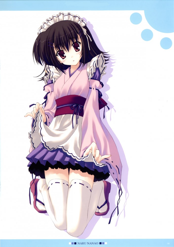 nanao naru, non-web source, apron, black hair, japanese clothes, maid, maid apron, red eyes, sandals, short hair, thighhighs, wa maid