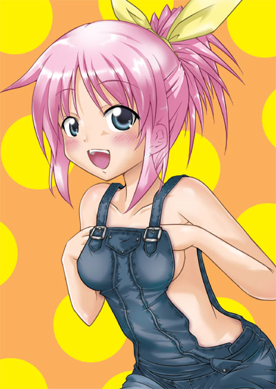 hana, naegi (naegidokoro), hana (pangya), pangya, 1girl, aqua eyes, blush, female focus, naked overalls, no bra, open mouth, overalls, pink hair, ponytail, ribbon, solo