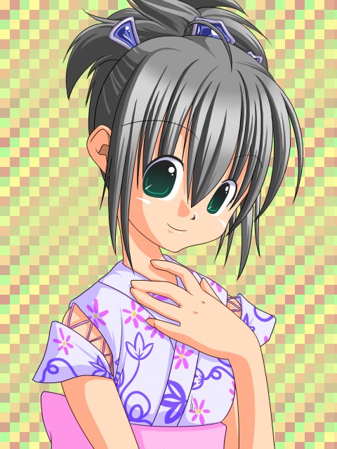 hana, hana (pangya), pangya, 1girl, black hair, female focus, green eyes, japanese clothes, kimono, smile, solo, yukata