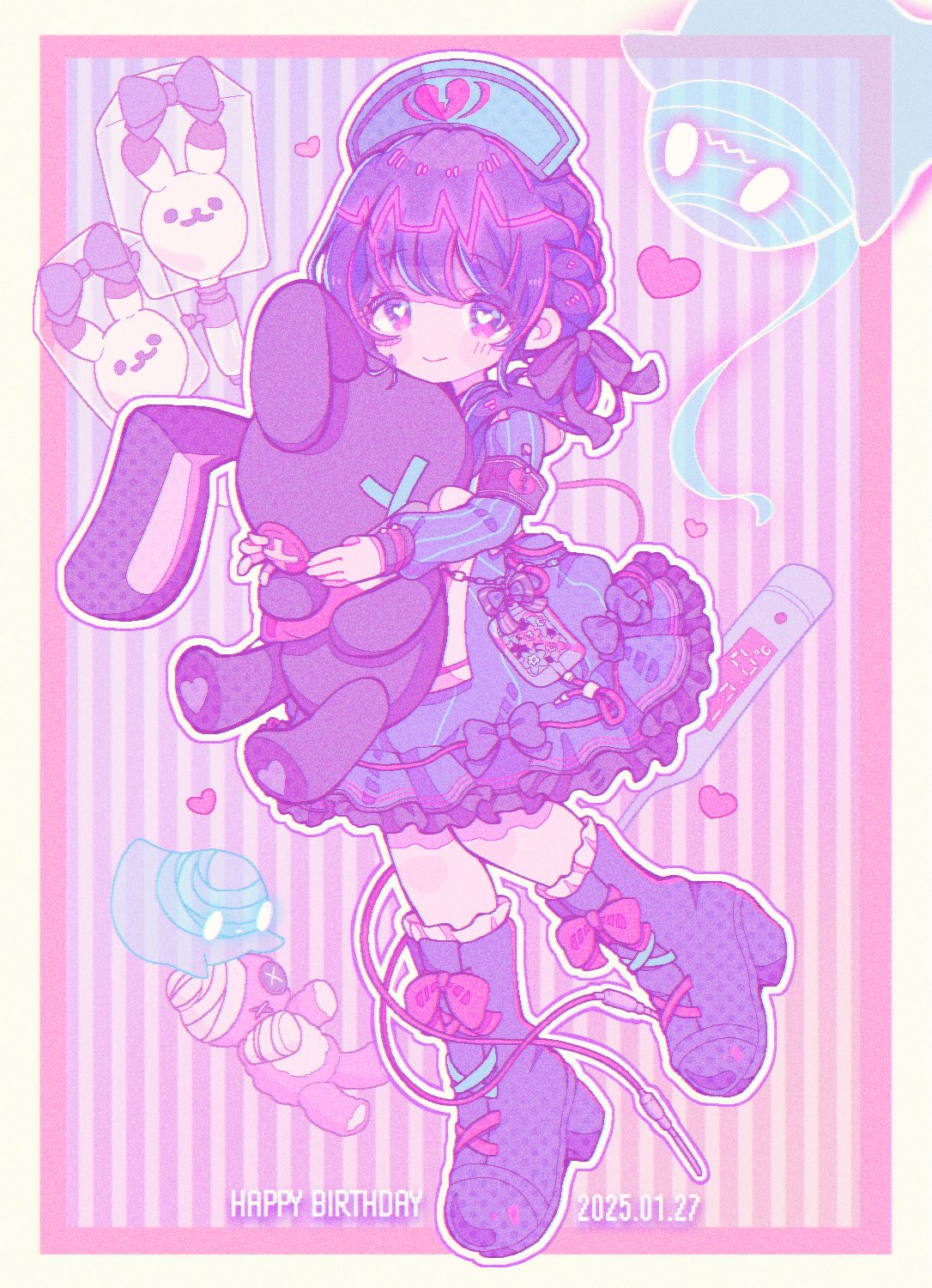 yo (wetpotatosunsun), asahina mafuyu, project sekai, commentary request, highres, 1girl, 2025, apron, armband, black armband, black bow, blue dress, blue hat, boots, border, bow, braid, bright pupils, broken heart, broken heart print, chromatic aberration, closed mouth, dated, dress, dress bow, film grain, footwear bow, frilled boots, frills, full body, ghost, grey background, hair over shoulder, halftone, happy birthday, hat, heart, heart-shaped pupils, high heel boots, high heels, holding, holding stuffed toy, knee boots, knees together feet apart, lace-up boots, long sleeves, low twintails, medium dress, nurse cap, official alternate costume, official alternate hairstyle, outline, outside border, petticoat, pink bow, pinstripe dress, pinstripe pattern, puffy long sleeves, puffy sleeves, purple background, purple boots, purple eyes, purple hair, smile, solo, standing, standing on one leg, striped background, stuffed animal, stuffed rabbit, stuffed toy, symbol-shaped pupils, twintails, two-tone background, vertical-striped background, white apron, white outline, white pupils, wonderhorror~!? na kimodameshi! (project sekai), yellow border