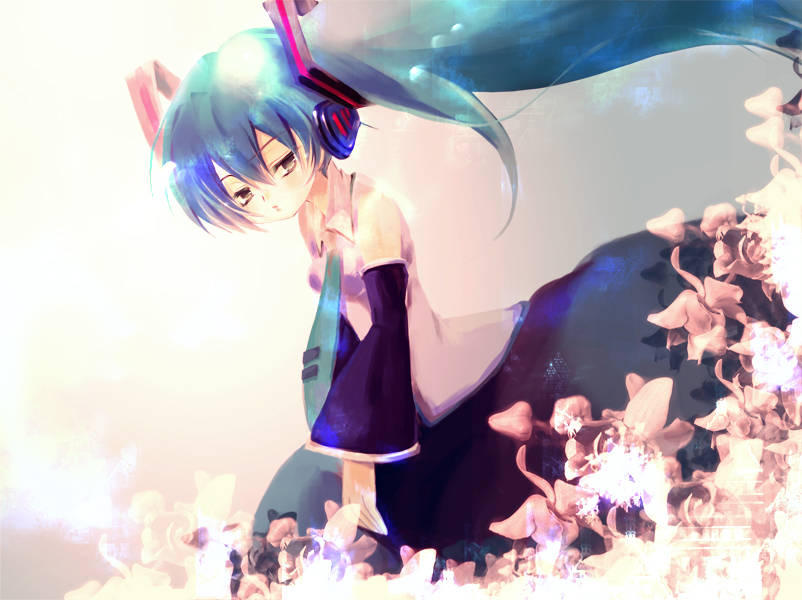 mimikakki, hatsune miku, vocaloid, bad id, bad pixiv id, aqua hair, detached sleeves, necktie, solo, yellow eyes