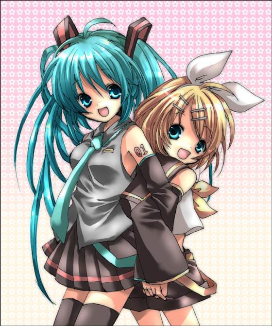 kosuzume, hatsune miku, kagamine rin, vocaloid, bad id, bad pixiv id, 2girls, back-to-back, detached sleeves, multiple girls, necktie, skirt, thighhighs
