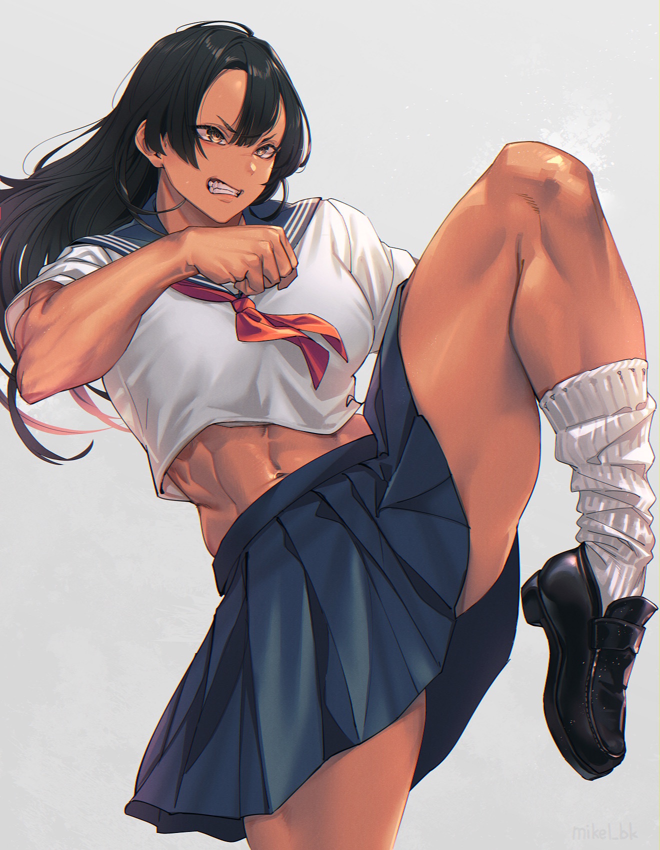mikel (4hands), original, highres, 1girl, abs, black hair, clenched hand, clenched teeth, loafers, long hair, midriff, muscular, muscular female, school uniform, shoes, simple background, skirt, socks, solo, teeth, thick thighs, thighs, white socks, yellow eyes