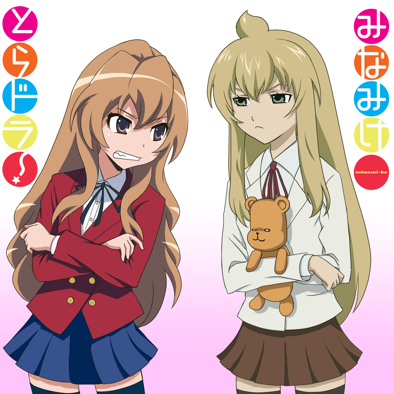 aisaka taiga, fujioka-kuma (minami-ke), minami chiaki, minami-ke, toradora!, highres, 00s, 2girls, :<, ahoge, brown eyes, brown hair, crossover, long hair, look-alike, multiple girls, school uniform, stuffed animal, stuffed toy, teddy bear, thighhighs