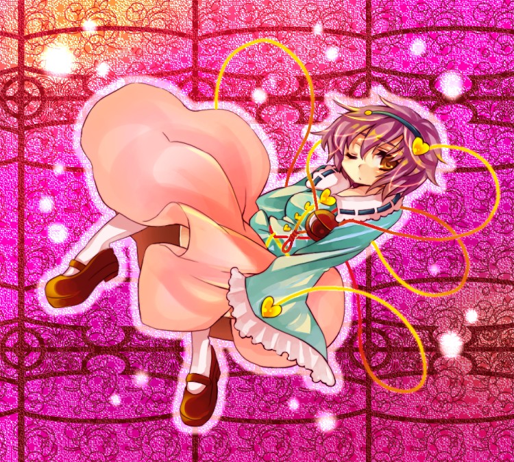 yutsuka, yutsuka (amyucca), komeiji satori, touhou, 1girl, female focus, purple hair, short hair, solo, yellow eyes