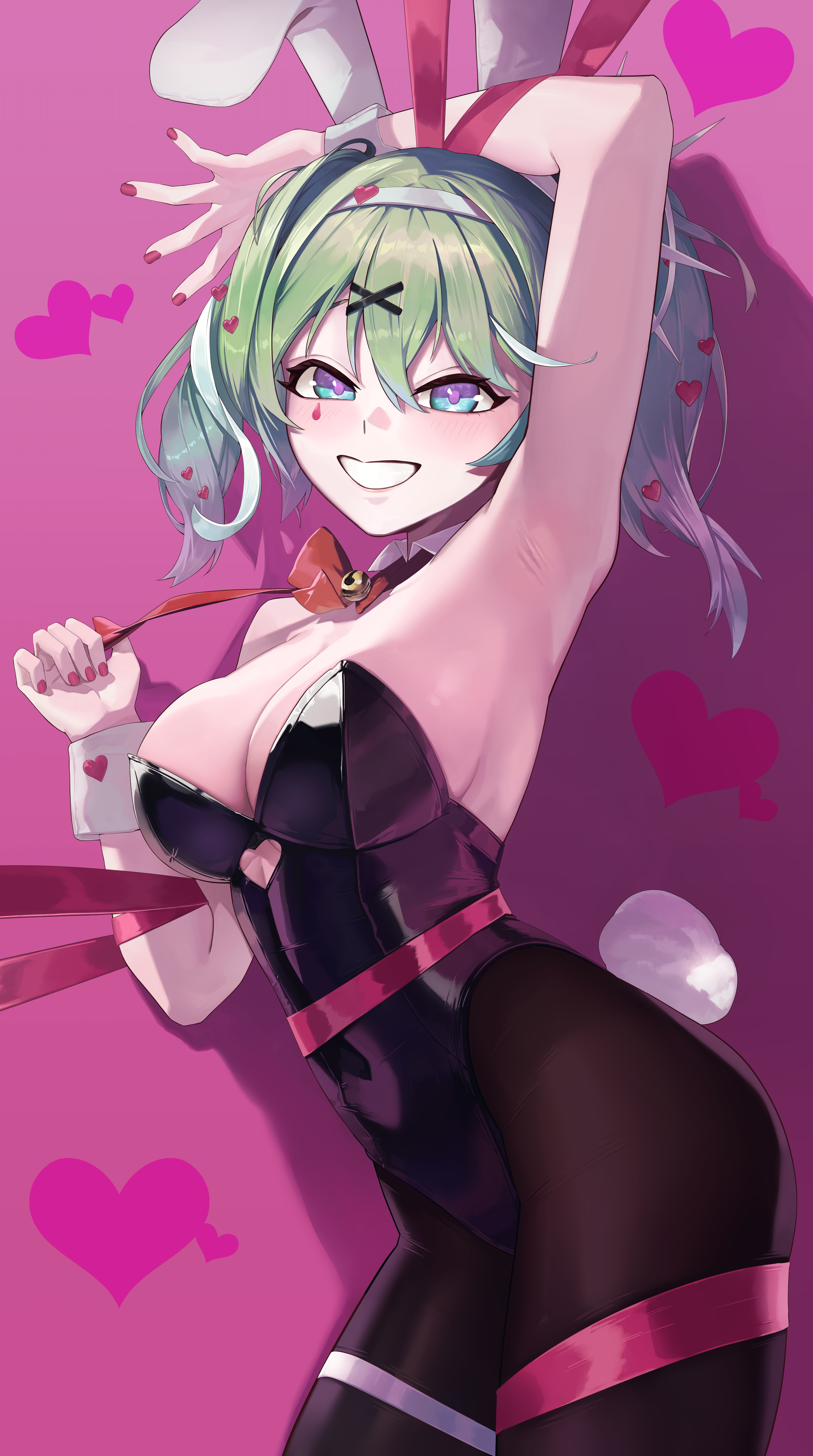 hal (sin diver), yuzuha riko, stellive, absurdres, commentary request, highres, 1girl, animal ears, arm over head, arm up, armpits, bell, black hiphighs, black leotard, bow, bowtie, breasts, cleavage, covered navel, cowboy shot, fake animal ears, fingernails, green eyes, grin, hair between eyes, hair ornament, hairband, heart, heart hair ornament, hiphighs, large breasts, leotard, long bangs, looking at viewer, medium hair, multicolored eyes, nail polish, neck bell, pink background, pink nails, rabbit ears, red bow, red bowtie, shadow, smile, solo, standing, strapless, strapless leotard, too many hair ornaments, two-tone eyes, white hairband, white wrist cuffs, wrist cuffs, x hair ornament