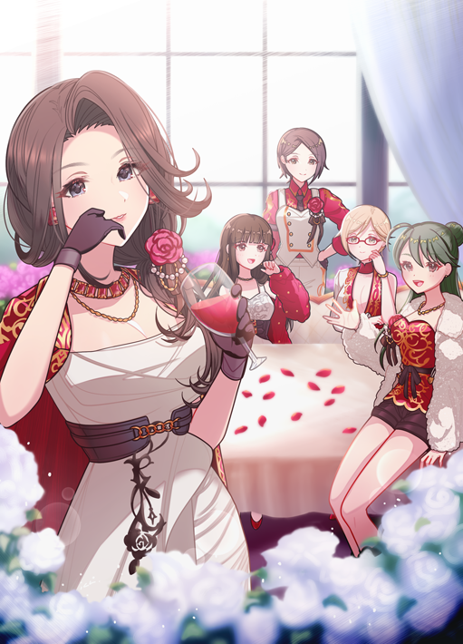 ich., aikawa chinatsu, kirino aya, kurokawa chiaki, takahashi reiko, togo ai, idolmaster, idolmaster cinderella girls, 5girls, black hair, cup, drinking glass, flower, jewelry, long hair, multiple girls, necklace, petals, red ballad (idolmaster), short hair, table