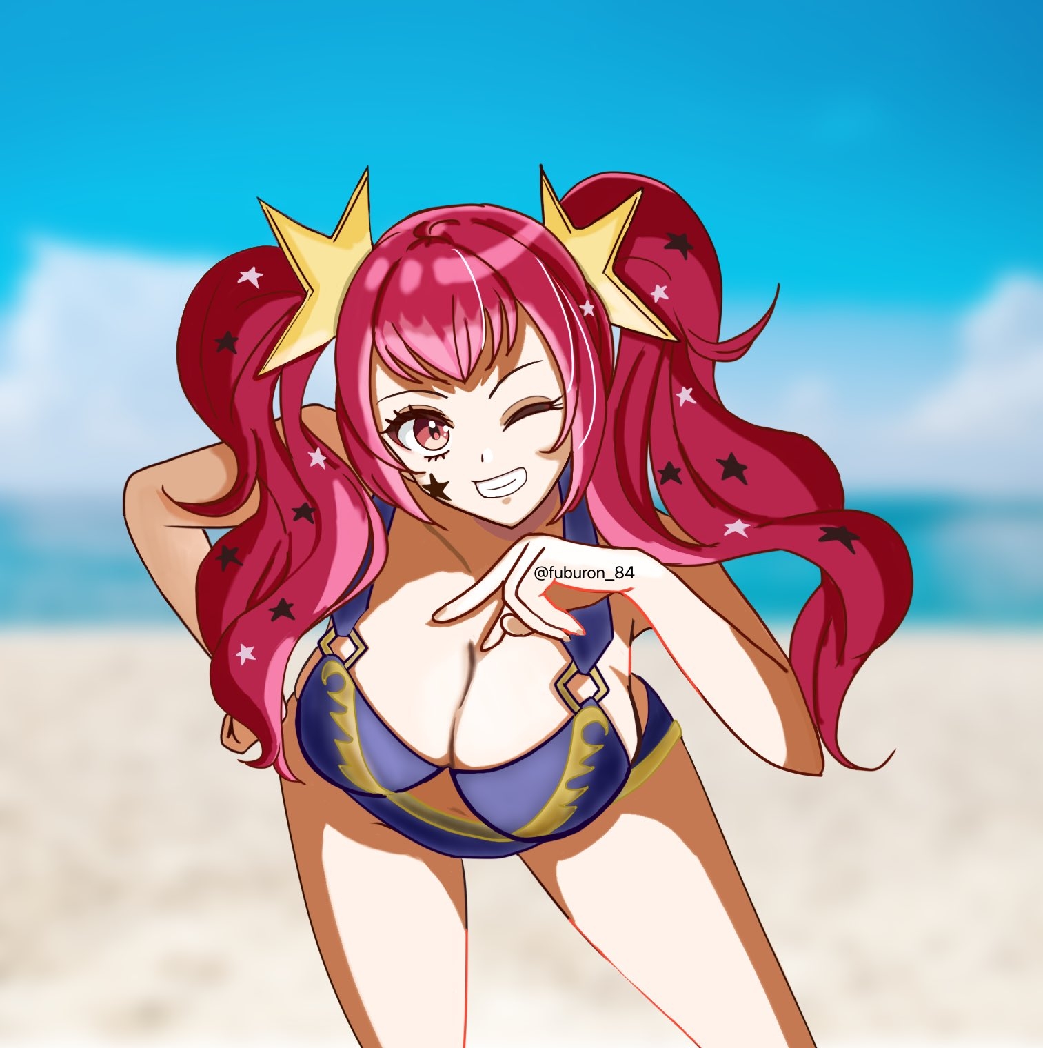 fuburon 84, yunaka (fire emblem), fire emblem, fire emblem engage, nintendo, highres, 1girl, alternate costume, alternate hairstyle, bikini, blush, breasts, choker, cleavage, collarbone, facial mark, grin, hair ornament, hand on own hip, hanging breasts, large breasts, leaning forward, long hair, looking at viewer, ocean, one eye closed, purple bikini, red eyes, red hair, smile, solo, star (symbol), star facial mark, star hair ornament, swimsuit, teeth, twintails, water