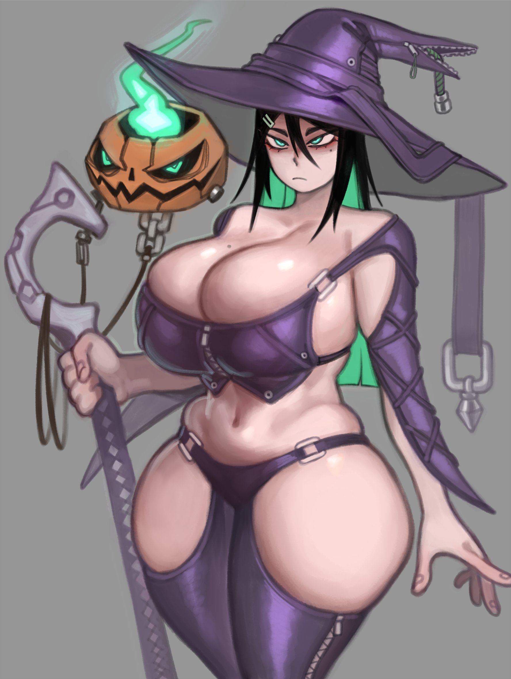 kelvin hiu, original, ass, black hair, breast press, breasts, clothing cutout, curvy, cutout clothes, green eyes, green hair, hat, huge ass, huge breasts, jack-o'-lantern, large breasts, long hair, multicolored hair, navel, pumpkin, skindentation, staff, staff (weapon), thick thighs, thigh cutout, thighs, witch, witch hat, zipper, zipper pull tab