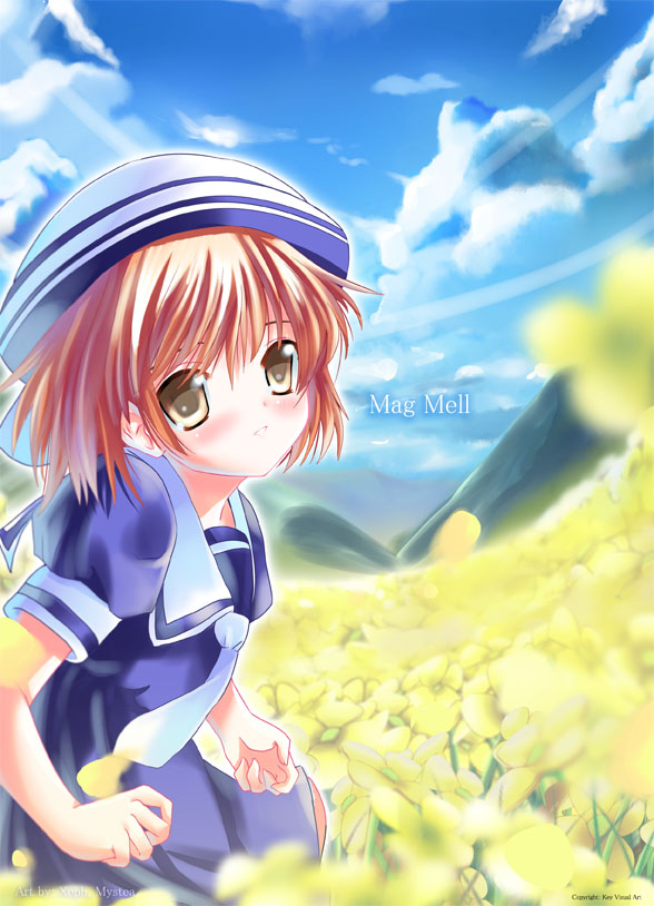 xephonia, okazaki ushio, clannad, 00s, 1girl, ascot, brown hair, child, dixie cup hat, dress, female focus, field, flower, flower field, hat, military hat, outdoors, sailor collar, sailor dress, solo