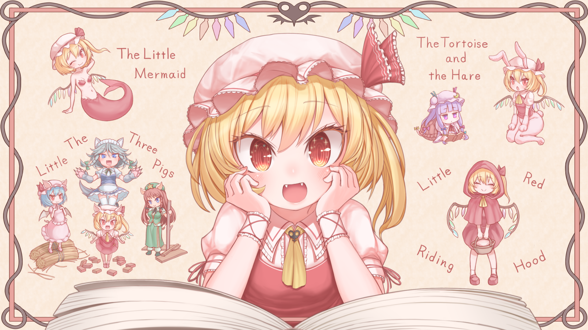 harunoha, flandre scarlet, hong meiling, izayoi sakuya, little red riding hood (fairy tale character), patchouli knowledge, remilia scarlet, the little mermaid (andersen), andersen's fairy tales, little red riding hood (fairy tale), the tortoise and the hare, three little pigs, touhou, commentary request, highres, 5girls, animal ears, animal hands, ascot, blonde hair, blunt bangs, blush, book, brick, cloak, cosplay, fangs, gloves, hat, hay, holding, holding stick, hood, hood up, hooded cloak, little red riding hood (fairy tale character) (cosplay), mermaid, mob cap, monster girl, monsterification, multiple girls, one eye closed, one side up, open book, open mouth, orange eyes, paw gloves, pig ears, pig girl, puffy short sleeves, puffy sleeves, purple eyes, purple hair, rabbit ears, rabbit girl, rabbit tail, red cloak, red skirt, red vest, shirt, short hair, short sleeves, skirt, smile, solo focus, stick, tail, the little mermaid (andersen) (cosplay), turtle shell, upper body, vest, white shirt, wolf ears, wolf tail, wrist cuffs, yellow ascot