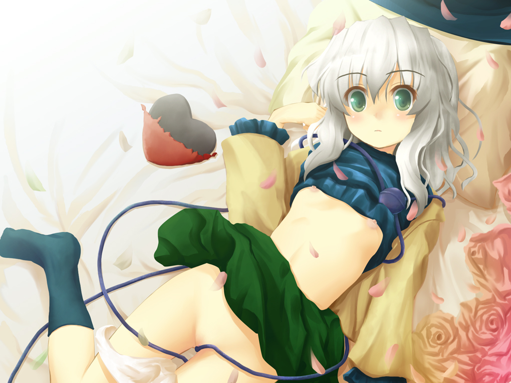 akashio (loli ace), komeiji koishi, touhou, bad id, bad pixiv id, 1girl, clothes lift, female focus, flat chest, flower, green eyes, grey hair, heart, long sleeves, lying, nipples, no bra, panties, panties around leg, panty pull, petals, rose, shirt lift, skirt, skirt lift, socks, solo, underwear