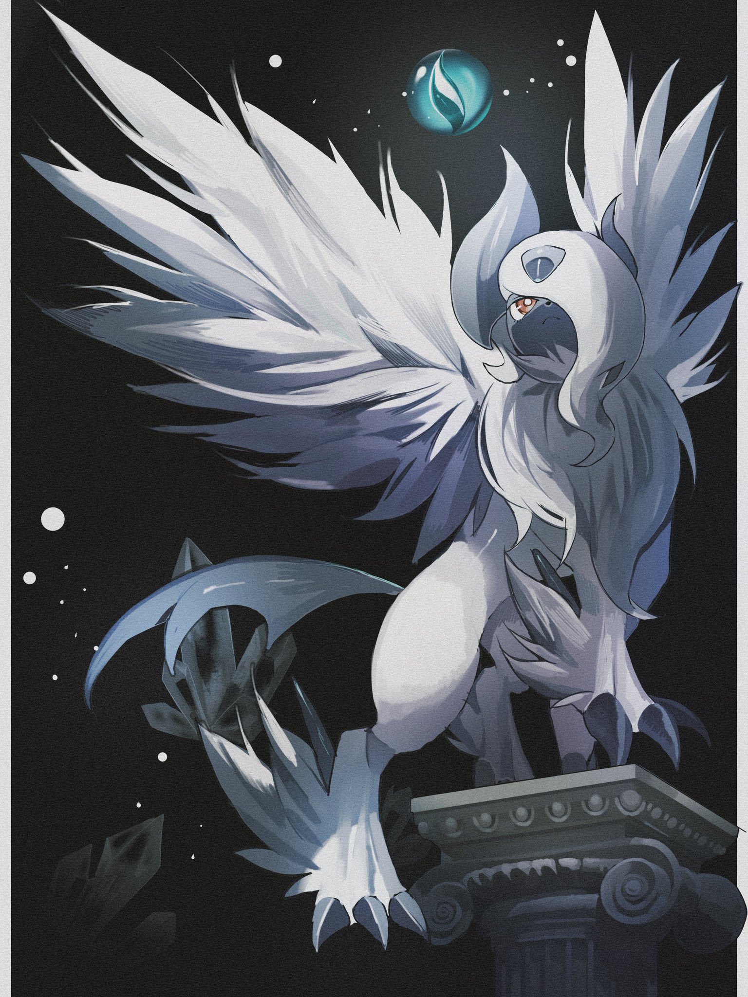 reo (mmocc123), absol, mega absol, nintendo, pokemon, highres, animal focus, asymmetrical horns, blue horns, body fur, claws, closed mouth, column, diamond (gemstone), feathered wings, gen 3 pokemon, hair over one eye, horns, mega evolution symbol, mega pokemon, neck fur, no humans, pillar, pokemon (creature), pokemon focus, red eyes, solo, uneven horns, white fur, white hair, white wings, wings