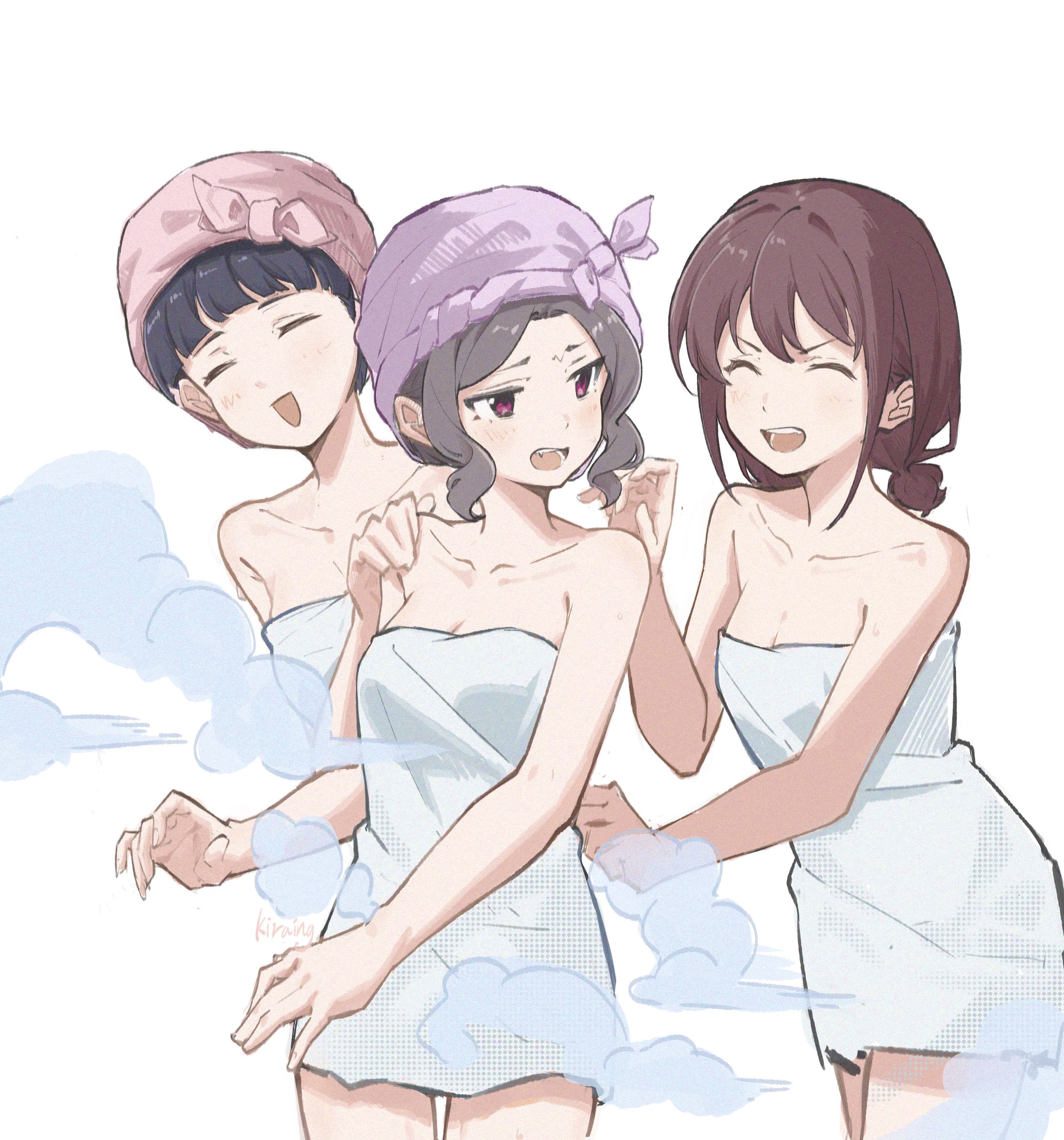 kiraing poi, awa subaru, ebizuka tomo, iseri nina, girls band cry, absurdres, highres, 3girls, :d, ^ ^, bare arms, bare shoulders, behind another, black hair, blunt bangs, breasts, cleavage, closed eyes, collarbone, cowboy shot, double-parted bangs, forehead, friends, furrowed brow, grey hair, hair up, hand on another's shoulder, light blush, looking at another, low twintails, medium breasts, middle part, multiple girls, naked towel, open mouth, parted bangs, red eyes, short twintails, simple background, smile, standing, steam, towel, towel on head, turning head, twintails, v-shaped eyebrows, white background