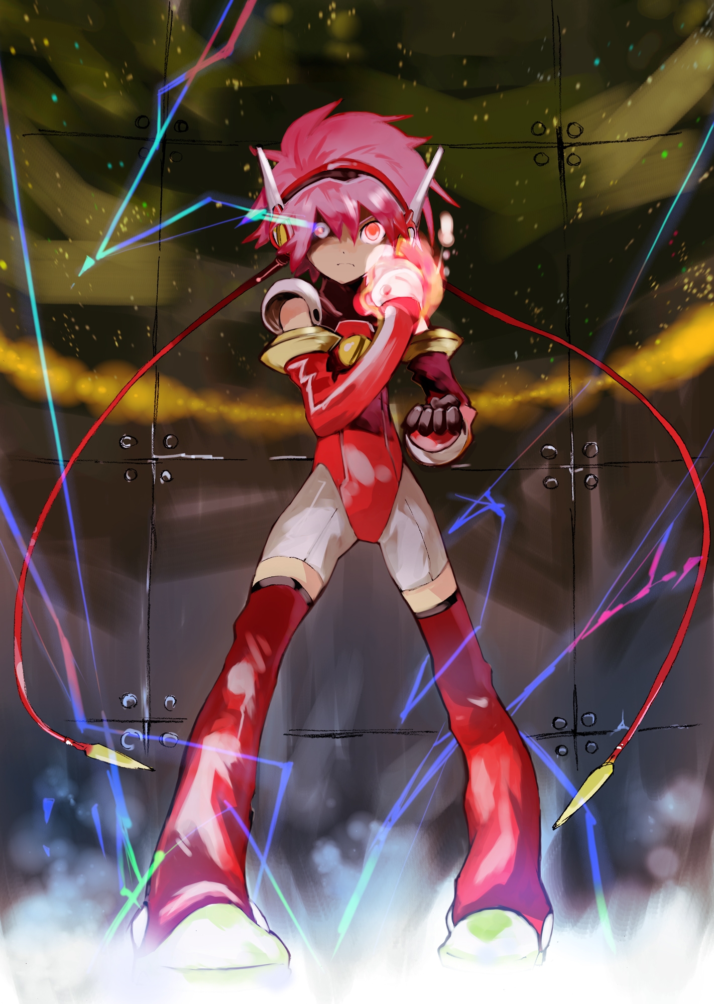 ogawa maiko, hikaru (angelic layer), angelic layer, highres, 1girl, boots, clenched hand, electricity, female focus, fighting stance, full body, leotard, looking at viewer, pink hair, red leotard, short hair, solo, standing, thigh boots, thighhighs