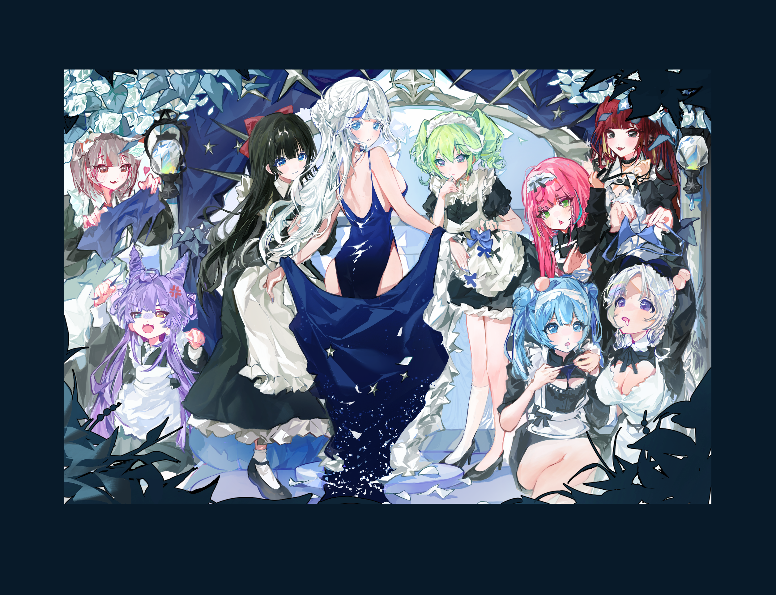yamada dickson, akane lize, aokumo rin, arahashi tabi, ayatsuno yuni, hanako nana, neneko mashiro, shirayuki hina, tenko shibuki, yuzuha riko, stellive, commentary request, highres, 6+girls, anger vein, apron, ass, backless dress, backless outfit, black dress, black hair, black shoes, blue border, blue dress, blue eyes, blue panties, blue shawl, border, bra, breasts, brown hair, cleavage, clenched hand, closed mouth, cone hair bun, dress, dressing another, drooling, everyone, female pervert, green eyes, green hair, grey eyes, hair bun, hand up, high heels, holding, holding unworn clothes, lantern, large breasts, long dress, long hair, long sleeves, looking at another, looking back, maid, maid apron, maid headdress, medium hair, multicolored hair, multiple girls, open mouth, panties, parted lips, pearl thong, pervert, pink hair, pumps, purple eyes, purple hair, red eyes, red hair, shawl, shoes, short dress, short sleeves, single sock, sleeveless, sleeveless dress, smile, socks, straight hair, streaked hair, triangle mouth, turning head, twintails, underwear, unworn bow, unworn bra, unworn panties, very long hair, virtual youtuber, white apron, white socks