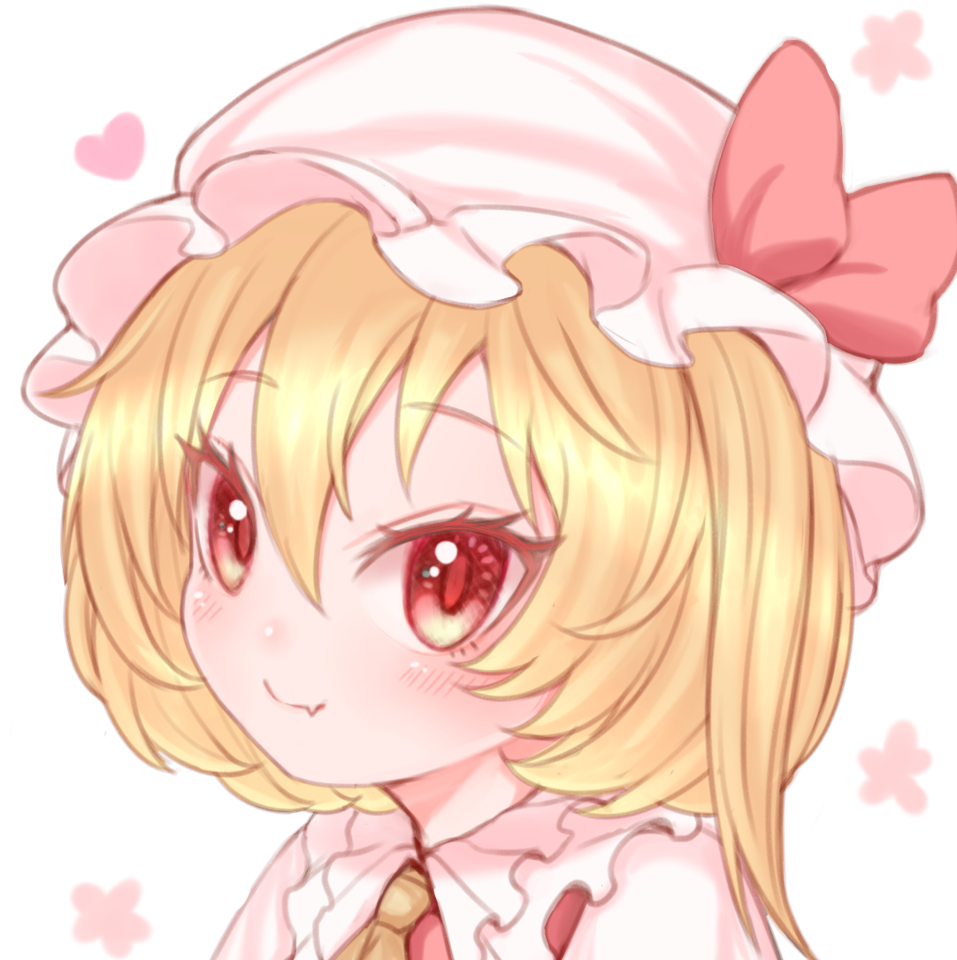 harunoha, flandre scarlet, touhou, commentary request, 1girl, blonde hair, blush, bow, closed mouth, fang, fang out, frilled shirt collar, frills, hat, hat bow, looking at viewer, mob cap, one side up, orange eyes, pink bow, portrait, short hair, simple background, smile, solo, white background