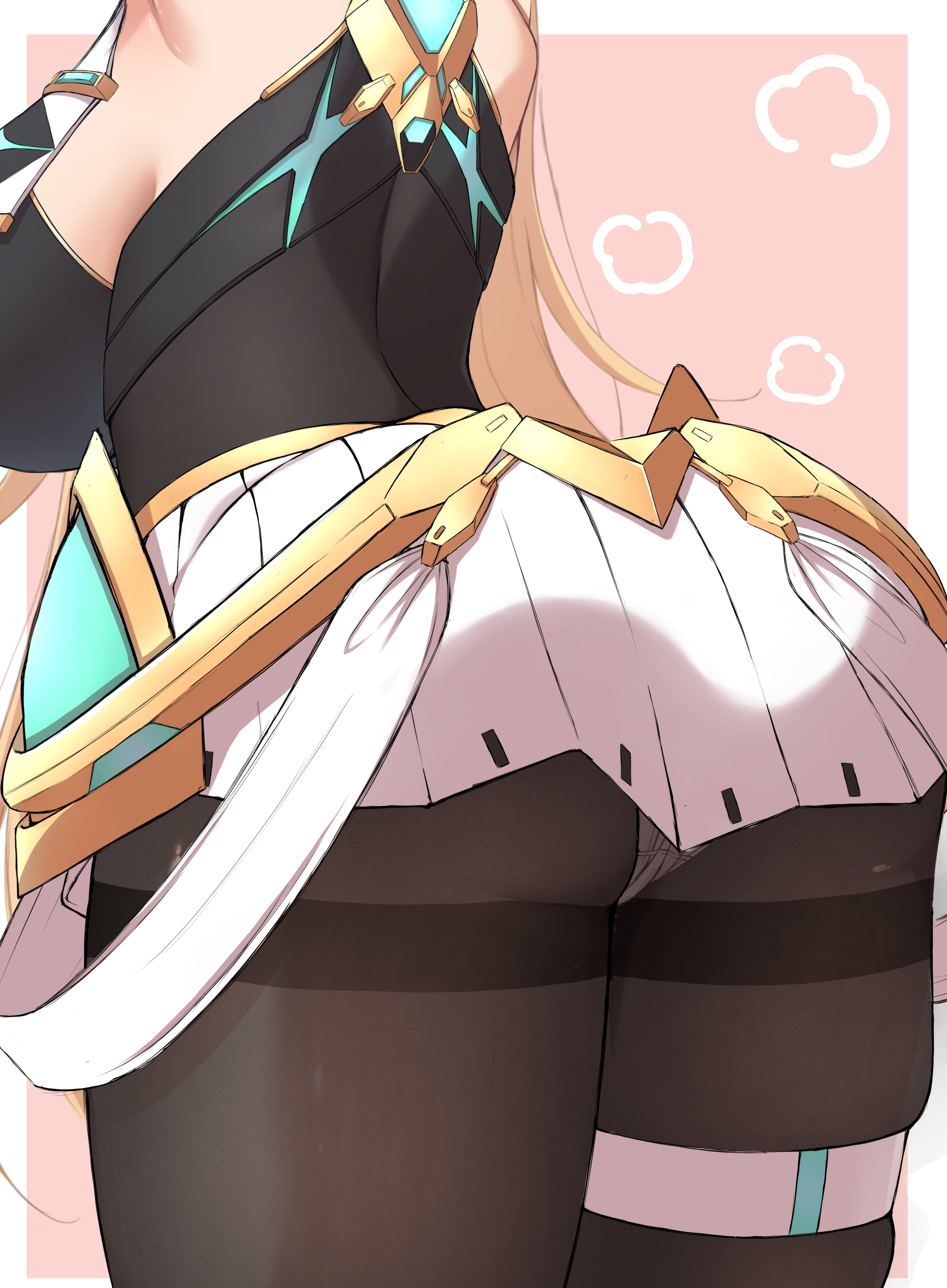 mikan (mika n95), mythra (massive melee) (xenoblade), mythra (xenoblade), xenoblade chronicles (series), xenoblade chronicles 2, absurdres, commentary request, highres, 1girl, arched back, arms up, ass, ass focus, bare shoulders, black pantyhose, blonde hair, breasts, dress, large breasts, long hair, lower body, microdress, neon trim, pantyhose, pleated dress, solo, suspenders, thigh strap, thighband bodystocking, thighband pantyhose, very long hair, white dress