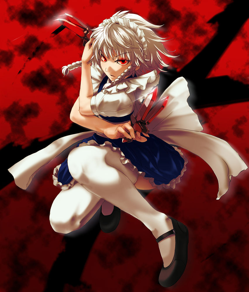 nekoita, izayoi sakuya, embodiment of scarlet devil, touhou, silver hair, bad id, bad pixiv id, 1girl, braid, female focus, mary janes, red eyes, shoes, short hair, solo, thighhighs, twin braids, white thighhighs