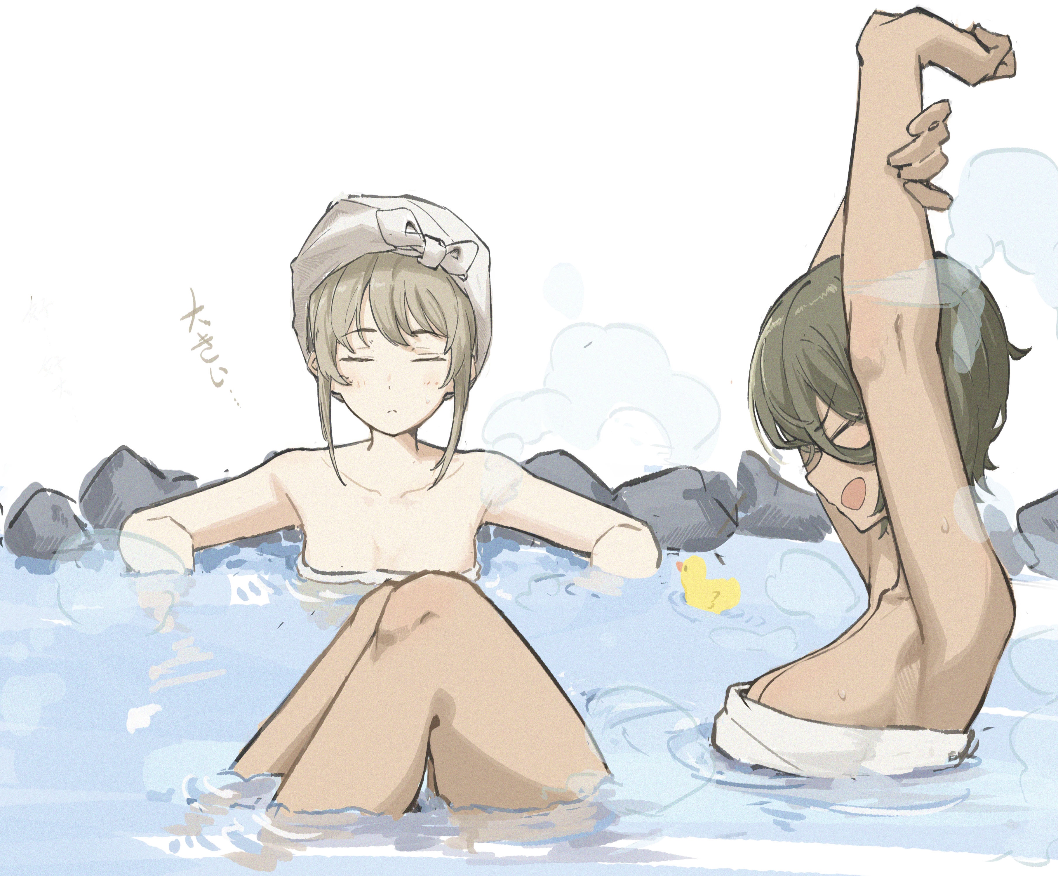 kiraing poi, kawaragi momoka, rupa (girls band cry), girls band cry, absurdres, chinese commentary, commentary request, highres, translation request, 2girls, = =, armpits, arms up, bare arms, bare shoulders, breasts, cleavage, closed eyes, closed mouth, dark-skinned female, dark skin, grey hair, hair between eyes, hair up, hand on own arm, knees up, large breasts, long hair between eyes, loosely tucked bangs, mixed-sex bathing, multiple girls, naked towel, onsen, open mouth, partially submerged, profile, rubber duck, shared bathing, short hair, sitting, steam, stretching, towel, towel on head, v-shaped eyebrows, very short hair, white background