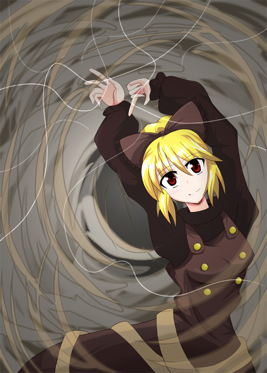 apattiudon, kurodani yamame, touhou, bad id, bad pixiv id, 1girl, blonde hair, female focus, hair ribbon, red eyes, ribbon, short hair, silk, smile, solo, spider web