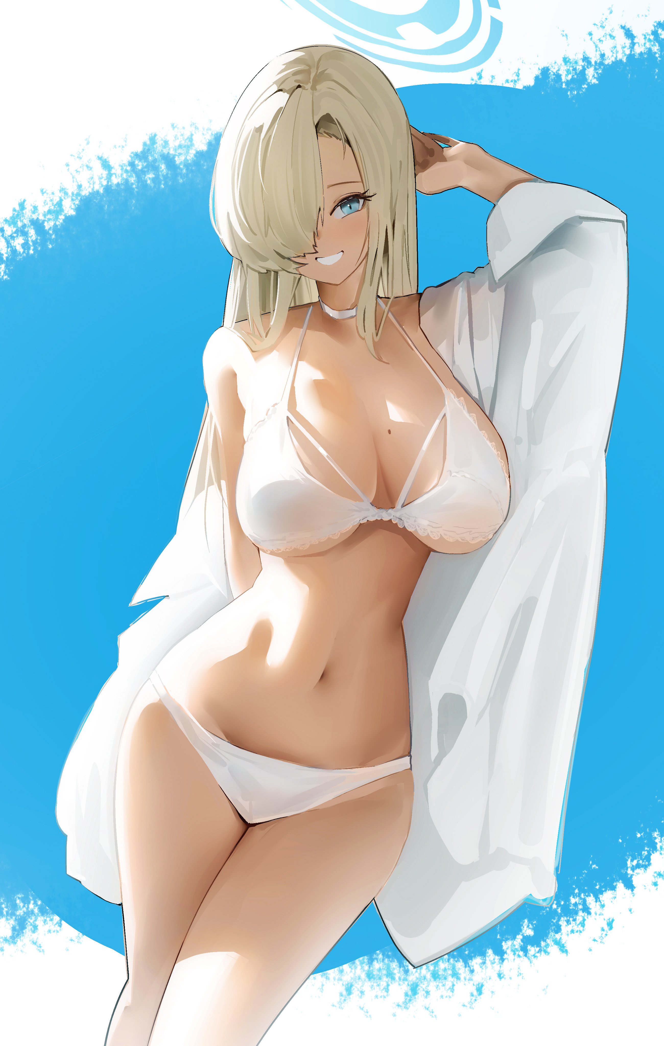 e baishui, asuna (blue archive), blue archive, absurdres, highres, 1girl, bare shoulders, blonde hair, blue eyes, blue halo, bra, breasts, choker, cleavage, collarbone, grin, groin, hair over one eye, halo, large breasts, long hair, looking at viewer, mole, mole on breast, navel, panties, partially undressed, shirt, smile, solo, thighs, underwear, very long hair, white bra, white panties, white shirt