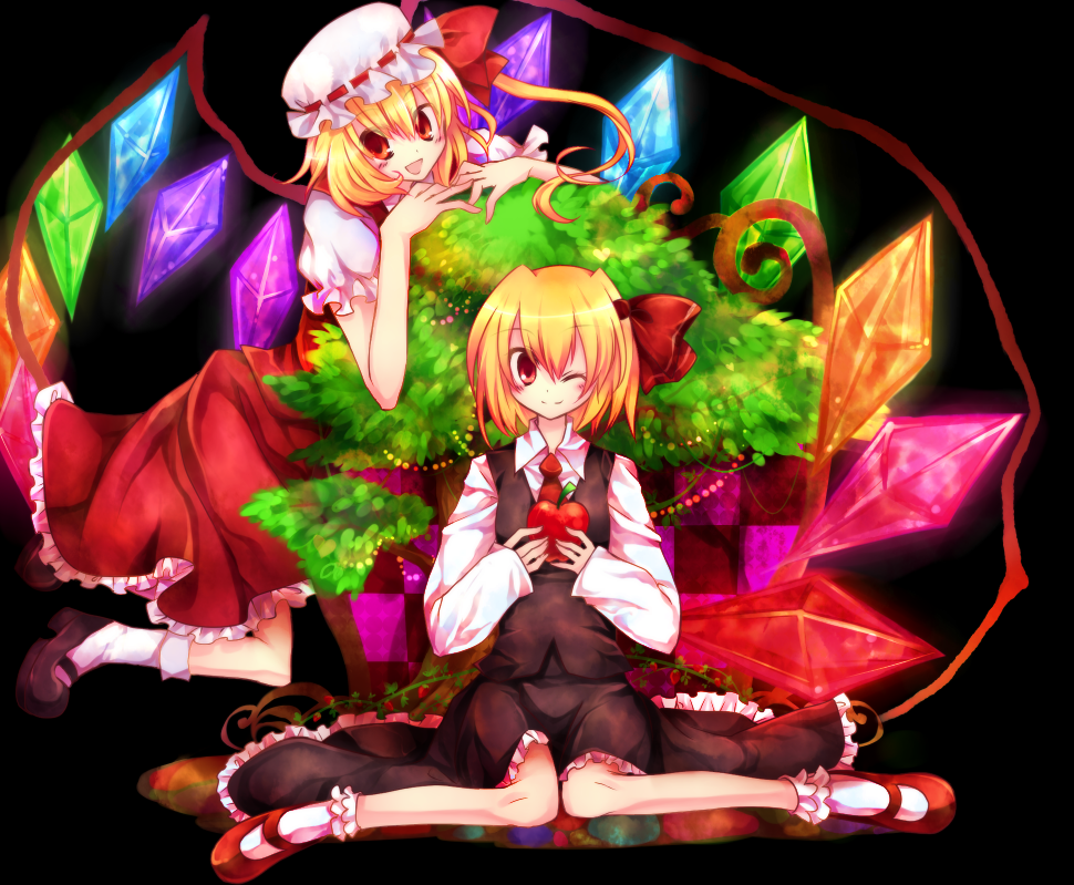 ibara riato, flandre scarlet, rumia, embodiment of scarlet devil, touhou, bad id, bad pixiv id, 2girls, apple, black background, black dress, blonde hair, crystal, dress, female focus, food, fruit, hair ribbon, hat, multiple girls, one eye closed, oversized wings, rainbow order, red dress, red eyes, ribbon, short hair, wings, wink