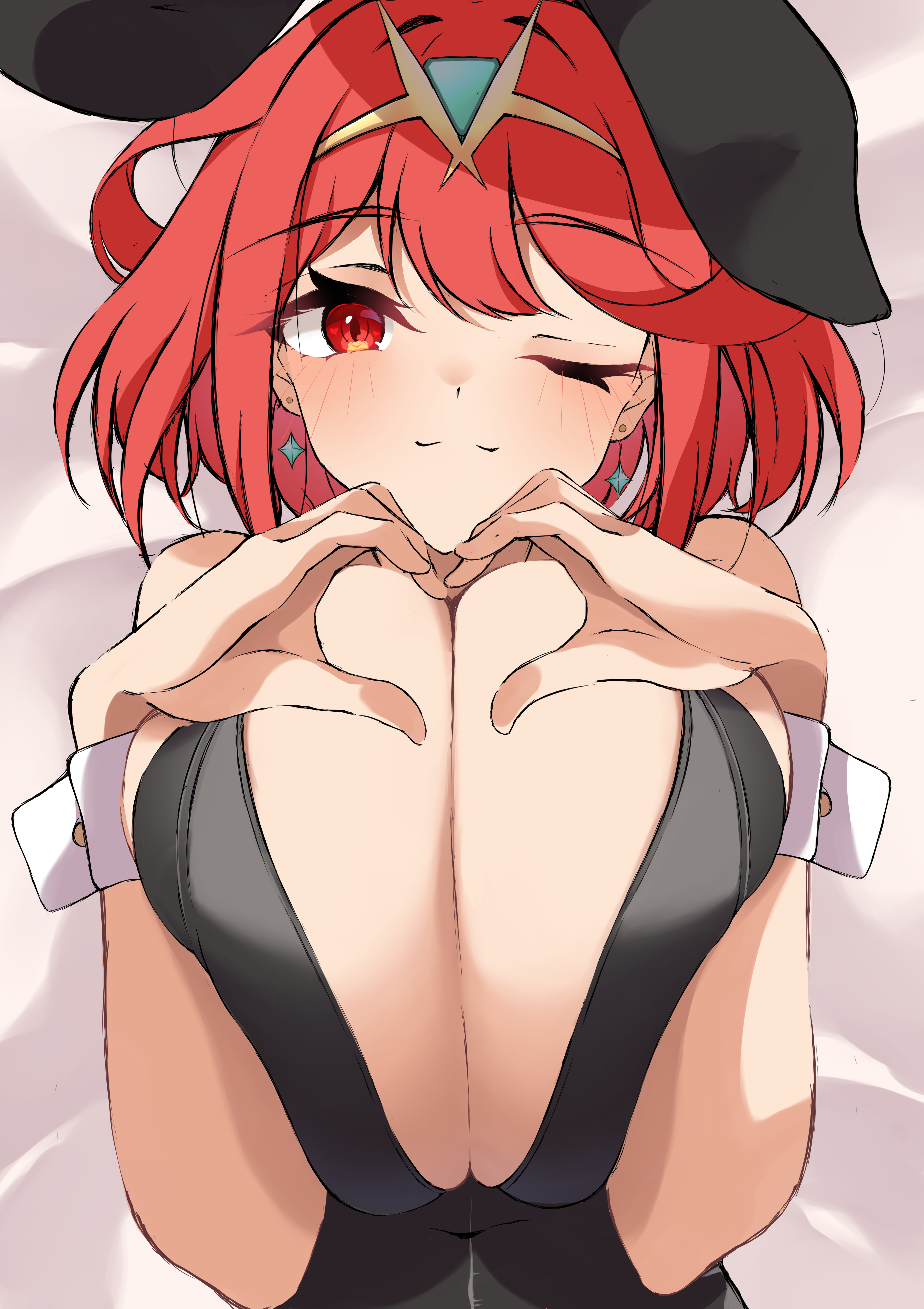 mikan (mika n95), pyra (xenoblade), xenoblade chronicles (series), xenoblade chronicles 2, absurdres, commentary request, highres, paid reward available, 1girl, ;), alternate costume, black leotard, bob cut, breasts, breasts squeezed together, closed mouth, earrings, gem, green gemstone, heart, heart hands, huge breasts, jewelry, leotard, looking at viewer, lying, on back, one eye closed, playboy bunny, red eyes, red hair, short hair, smile, solo, tiara, upper body, white wrist cuffs, wrist cuffs