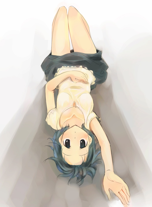 ikeda jun (mizutamari), original, 1girl, blouse, blue hair, breasts, collarbone, female focus, medium breasts, shirt, short hair, solo, upside-down