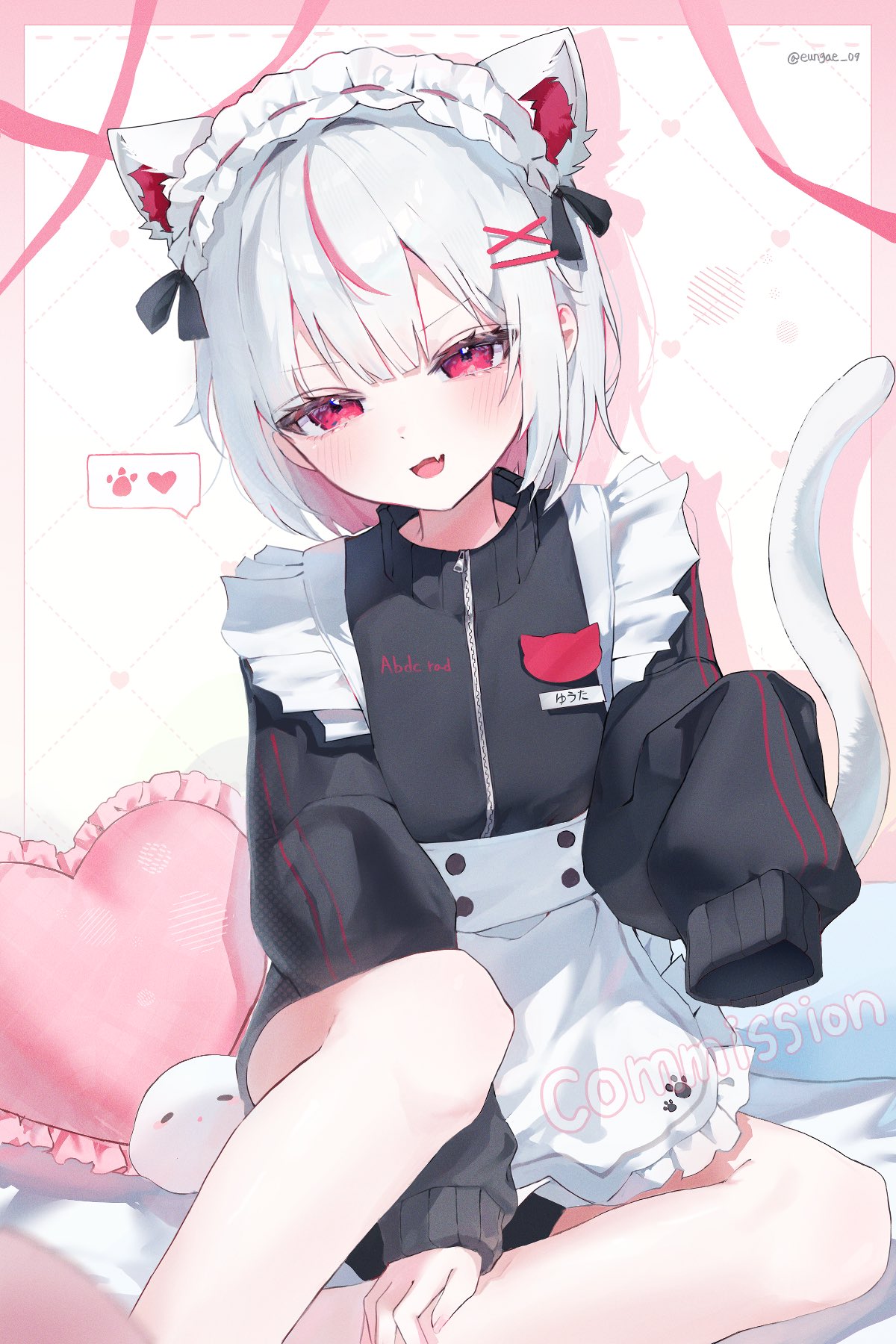 original, commentary, commission, highres, symbol-only commentary, translated, 1boy, animal ears, apron, black jacket, blush, cat ears, cat tail, eungae 09, fang, heart, jacket, looking at viewer, maid, maid apron, maid headdress, male focus, open mouth, red eyes, short hair, sitting, skin fang, solo, sportswear, tail, trap, white hair