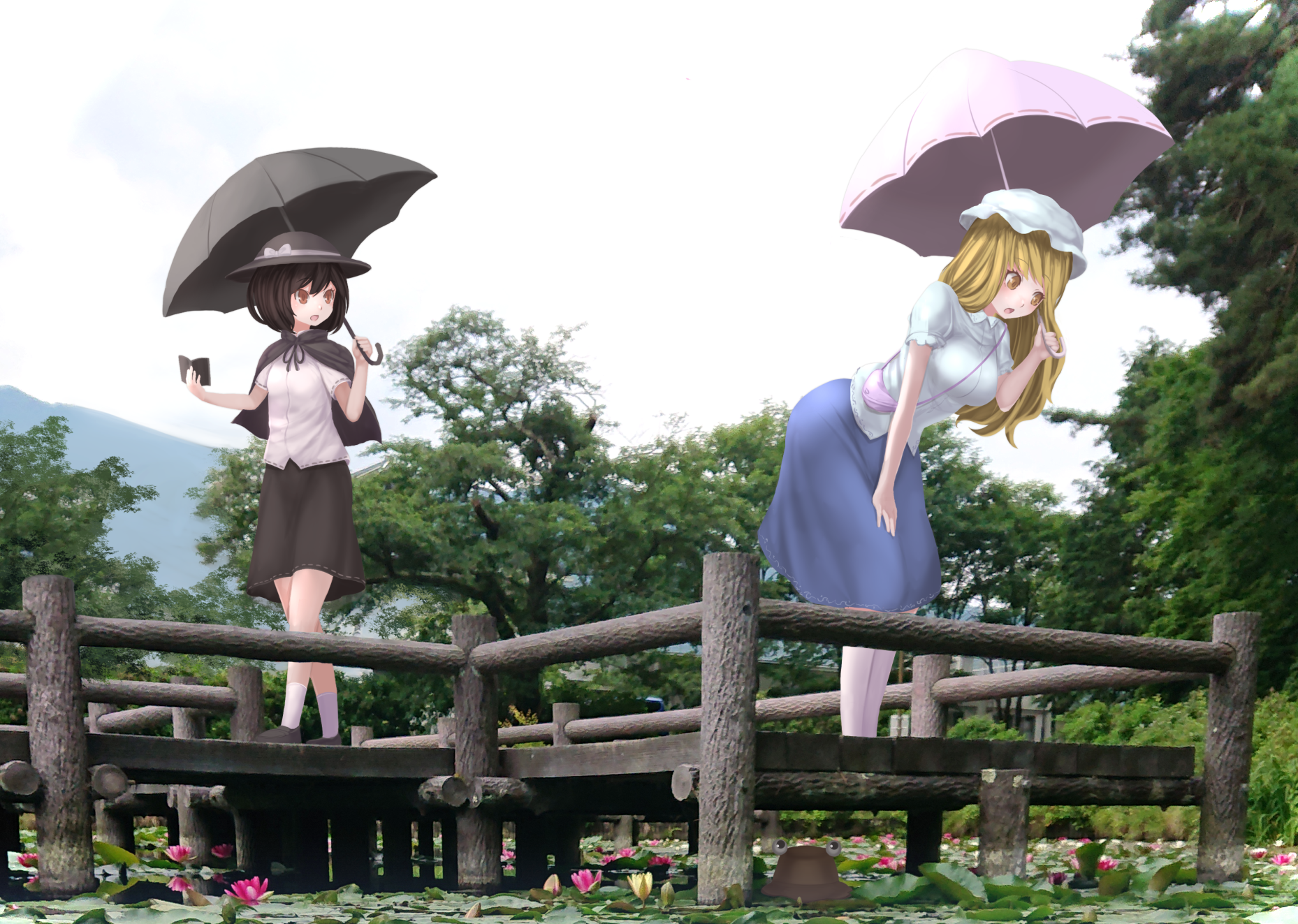 harunoha, maribel hearn, pyonta, usami renko, touhou, commentary request, highres, 2girls, bag, black hair, black shoes, black skirt, blonde hair, blue skirt, breasts, brown eyes, flower, full body, grey hat, grey umbrella, handbag, hat, holding, holding umbrella, leaning forward, lily pad, loafers, long hair, looking at another, lotus, medium breasts, mob cap, multiple girls, open mouth, outdoors, photo background, pier, pink flower, pink umbrella, pond, shirt, shoes, short hair, short sleeves, skirt, socks, tree, umbrella, white flower, white hat, white shirt, white socks, yellow eyes