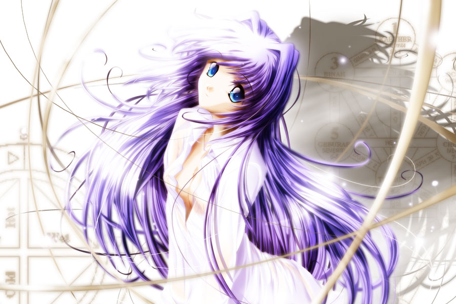 yukirin, minase nayuki, kanon, light, 1girl, blue eyes, breasts, cleavage, dress shirt, female focus, glowing, long hair, open clothes, open shirt, purple hair, shirt, small breasts, solo, very long hair