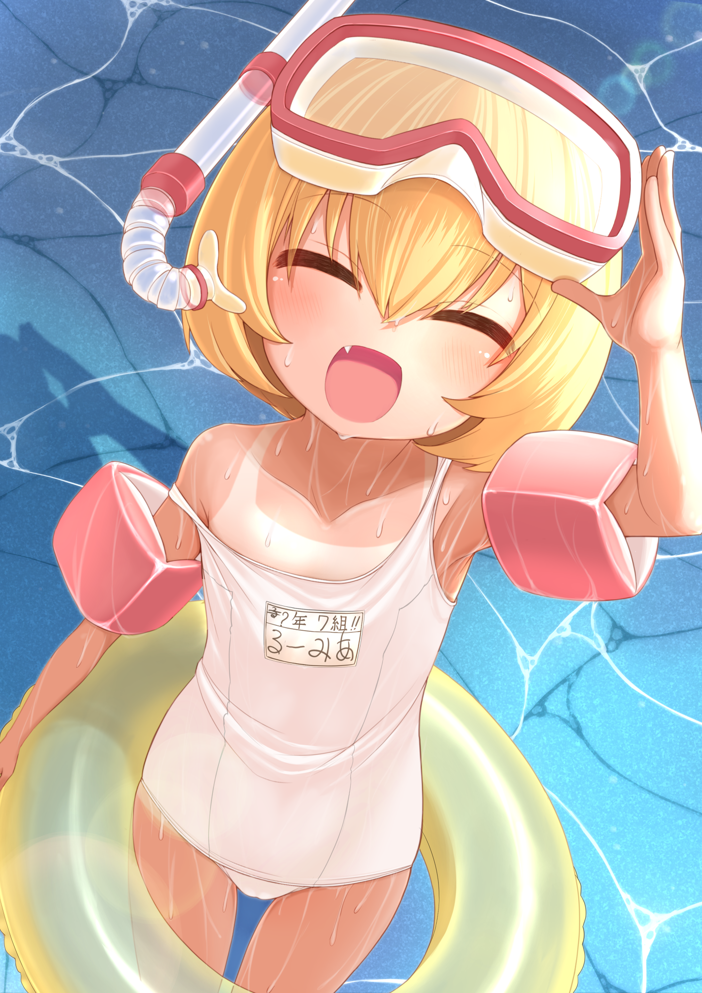 harunoha, rumia, touhou, commentary request, highres, 1girl, :d, alternate costume, blonde hair, blush, closed eyes, cowboy shot, fang, flat chest, goggles, goggles on head, holding, holding swim ring, inflatable armbands, innertube, name tag, one-piece swimsuit, open mouth, school swimsuit, short hair, smile, snorkel, solo, strap slip, swim goggles, swim ring, swimsuit, tan, tanline, water, wet, white one-piece swimsuit