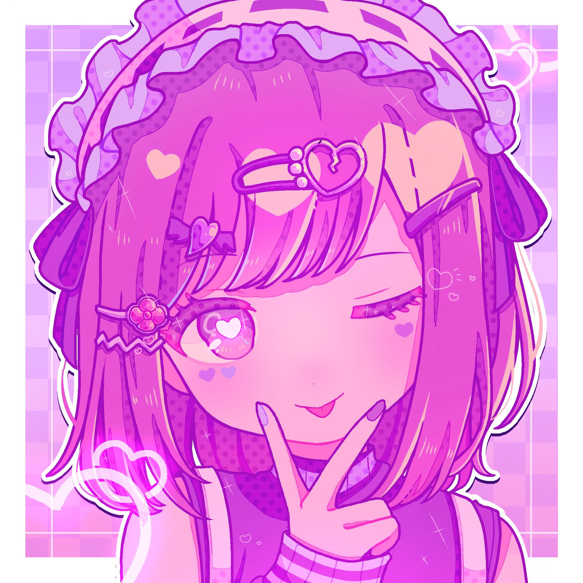 yo (wetpotatosunsun), shinonome ena, project sekai, commentary, highres, symbol-only commentary, 1girl, ;p, bare shoulders, blue nails, border, bright pupils, checkered background, closed mouth, facial mark, frilled hairband, frills, hair ornament, hairband, halftone, heart, heart-shaped pupils, heart facial mark, heart hair ornament, long sleeves, medium hair, multicolored nails, nail polish, negai wa itsuka asa wo koete (project sekai), official alternate costume, one eye closed, outline, outside border, pink eyes, pink hair, portrait, puffy long sleeves, puffy sleeves, purple background, purple nails, purple sweater, simple background, smile, solo, sparkle, sweater, swept bangs, symbol-shaped pupils, tongue, tongue out, turtleneck, turtleneck sweater, v, v over mouth, white border, white hairband, white outline, white pupils