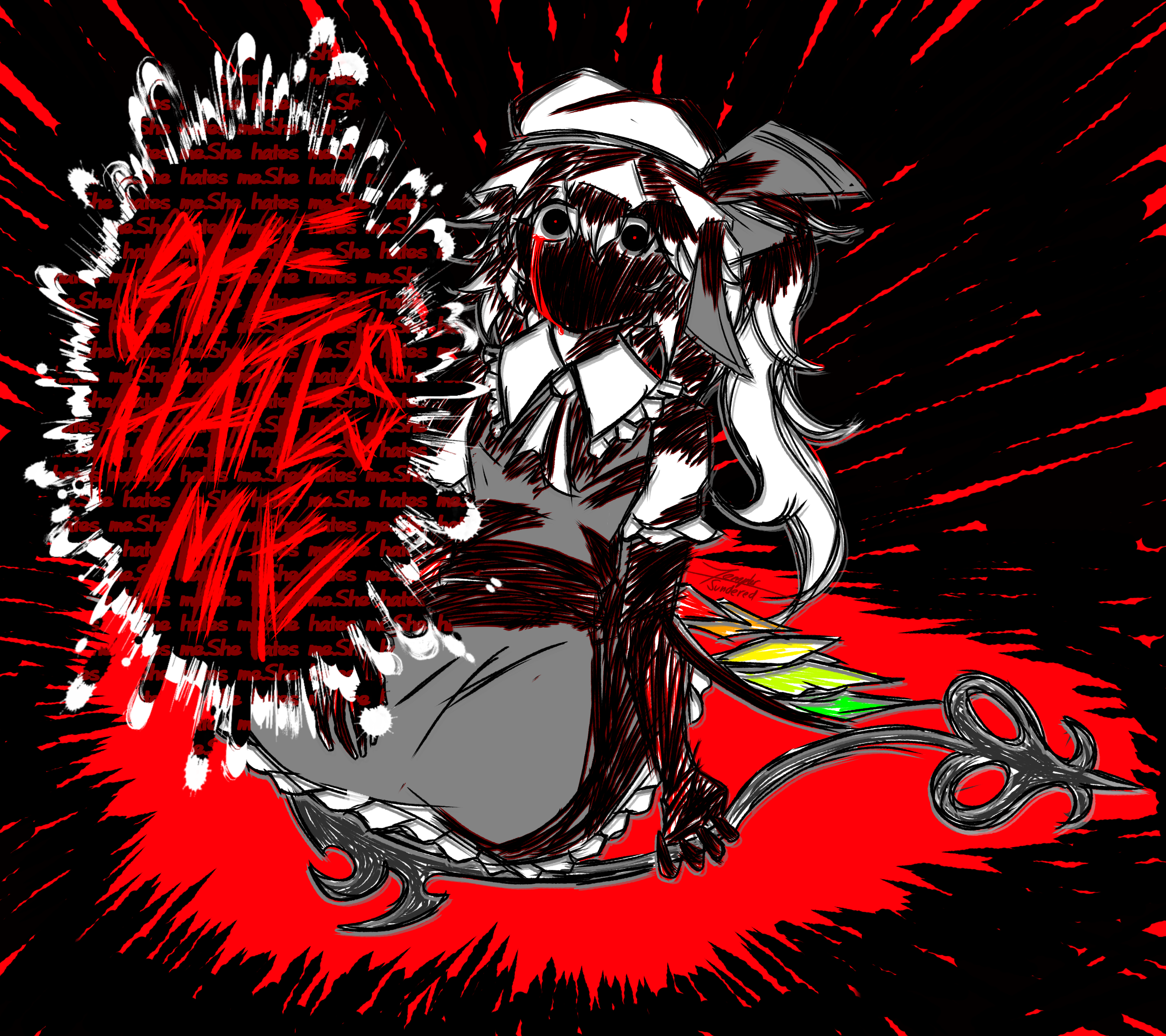 flandre scarlet, touhou, highres, non-web source, crying, crying with eyes open, empty eyes, expressionless, holding, holding weapon, scribble background, shaded face, sitting, speech bubble, surreal, tears, wariza, weapon, wings