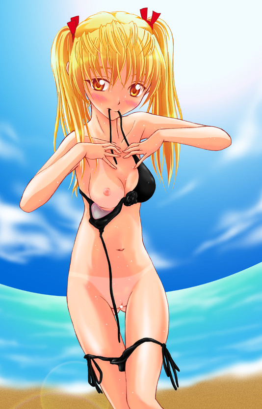 sawachika eri, school rumble, 00s, 1girl, beach, bikini, bikini pull, bikini tan, black bikini, blonde hair, blush, breasts, censored, cleft of venus, clothes pull, cloud, female focus, fisheye, lens flare, long hair, looking at viewer, medium breasts, nipples, ocean, one breast out, outdoors, pointless censoring, pussy, side-tie bikini bottom, sky, solo, swimsuit, tan, tanline, twintails, undressing, yellow eyes