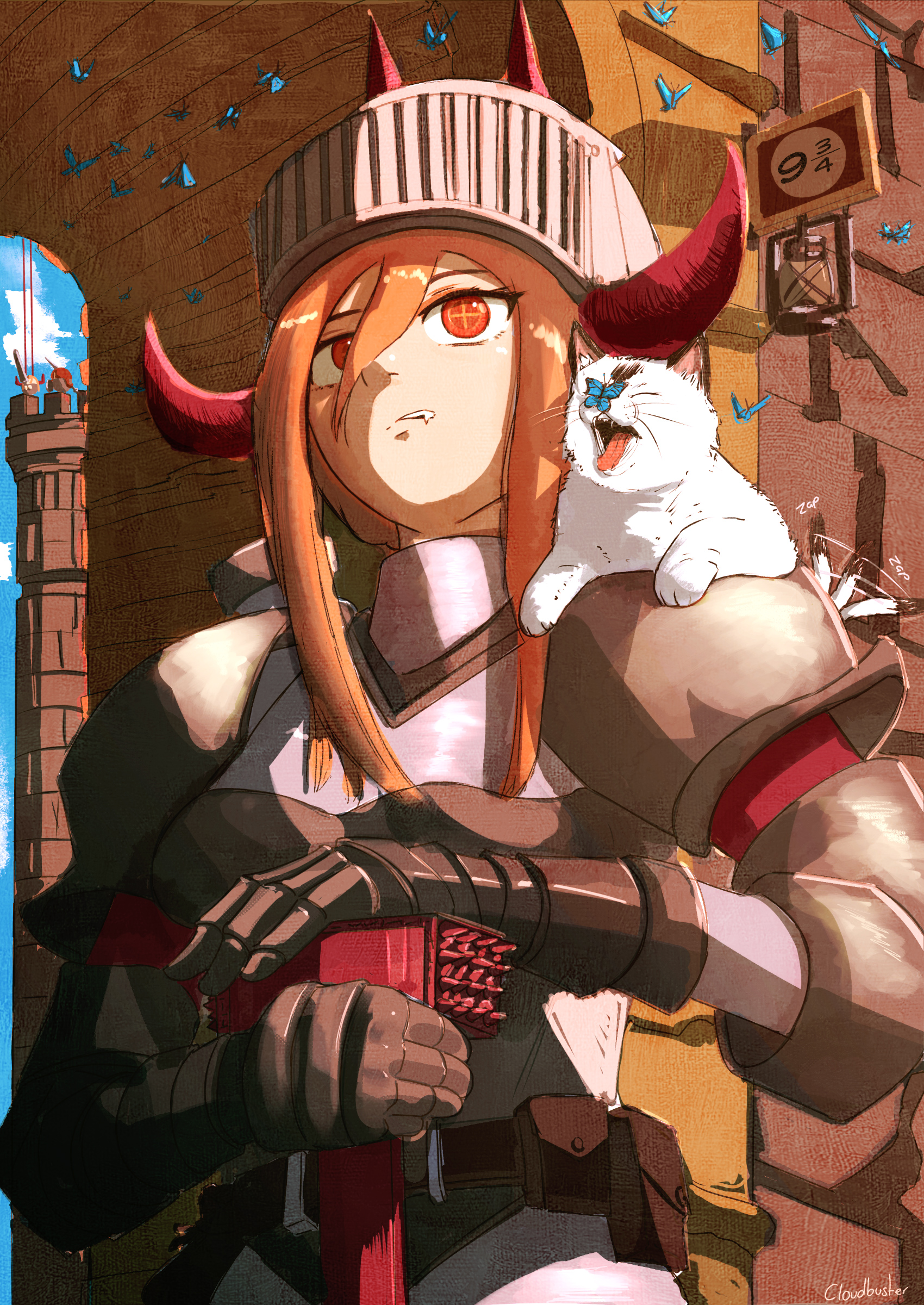 meowy (chainsaw man), power (chainsaw man), chainsaw man, absurdres, highres, 1girl, animal, animal on shoulder, armor, blue butterfly, bug, butterfly, cat, cat on shoulder, cloudbuster 104, cross-shaped pupils, day, hair between eyes, hammer, helmet, holding, holding hammer, horns, insect, knight, long hair, multiple horns, orange hair, outdoors, red eyes, red horns, solo, symbol-shaped pupils, tail, tail wagging, war hammer, weapon