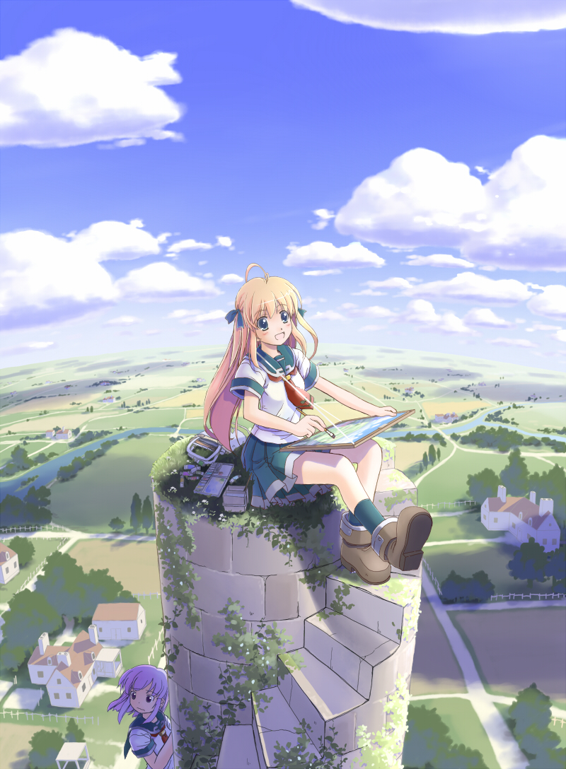 mochizuki saku, original, 2girls, art brush, blonde hair, blue eyes, landscape, multiple girls, paint palette, paintbrush, painting (action), pink hair, scenery, school uniform, tower