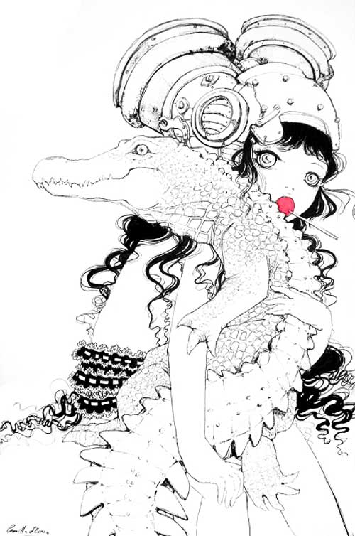 1girl, animal, black hair, candy, crocodile, crocodilian, female focus, food, greyscale, helm, helmet, hug, lollipop, monochrome, skirt, solo, spot color
