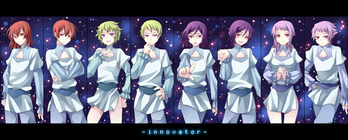 kotoko (oxxxo), anew returner, bring stabity, divine nova, hilling care, regene regetta, revive revival, ribbons almark, tieria erde, gundam, gundam 00, bad id, bad pixiv id, 00s, 2girls, 6+boys, glasses, green eyes, hand on own hip, hip focus, innovators (gundam 00), multiple boys, multiple girls, own hands clasped, own hands together, pink eyes, pointing, purple eyes, purple hair, red hair, short hair, smile